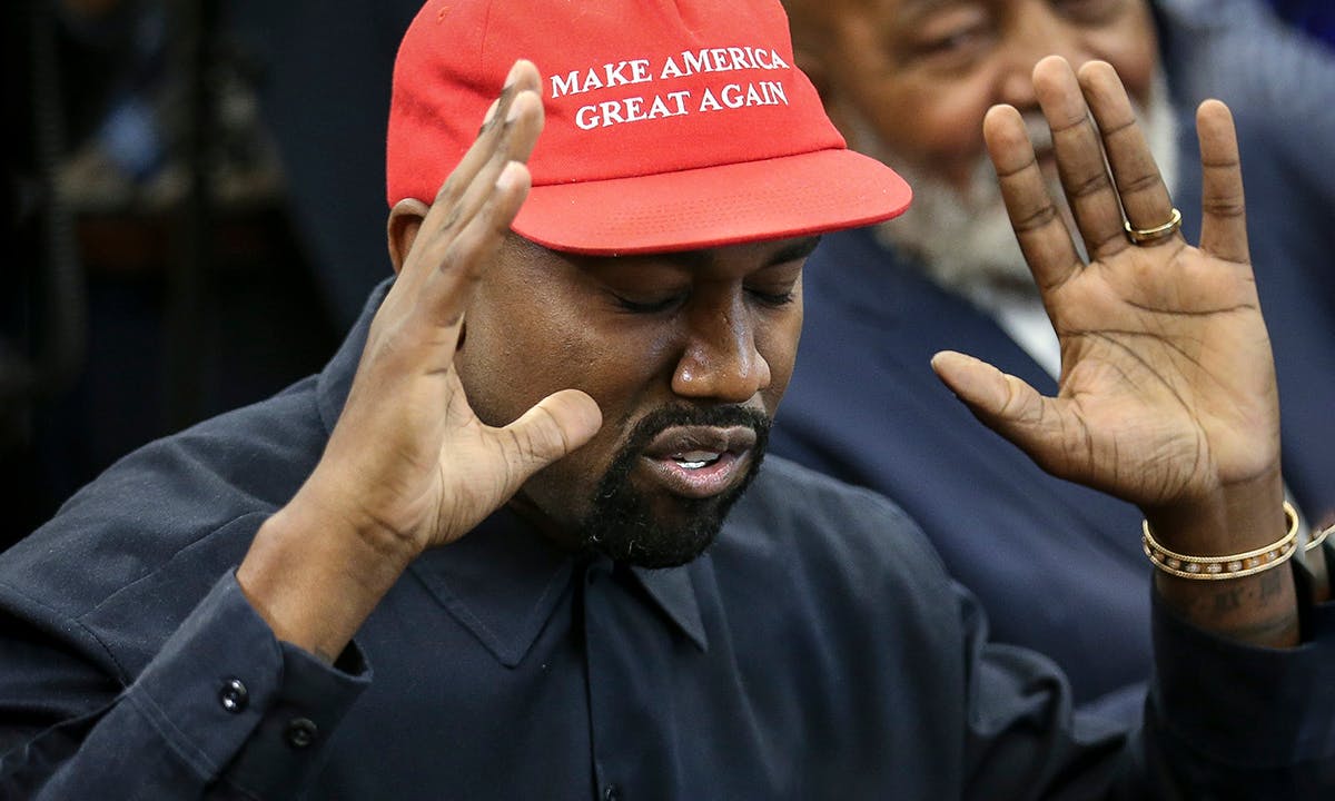 Kanye West speaks during a meeting with U.S. President Donald Trump in the Oval office