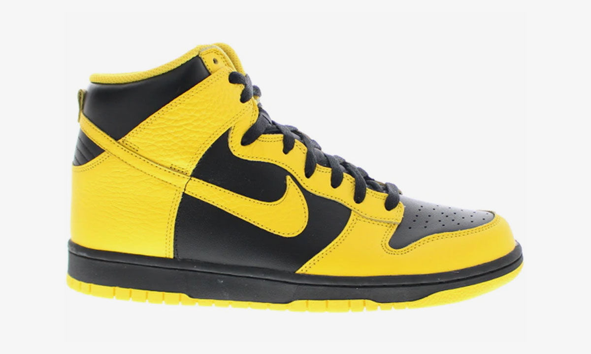 black and yellow Nike Dunk High product shot side view