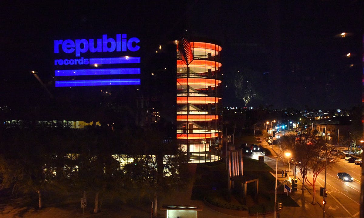 A view of Pacific Design Center at a celebration of music with Republic Records