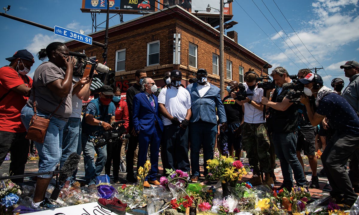 Terrence Floyd standing at memorial for his brother, Geroge Floyd