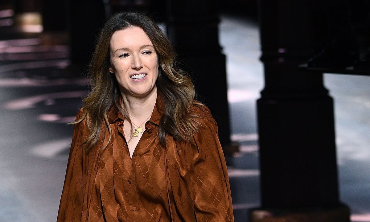 Clare Waight Keller, acknowledges the audience at the end of the Women's Spring-Summer 2020