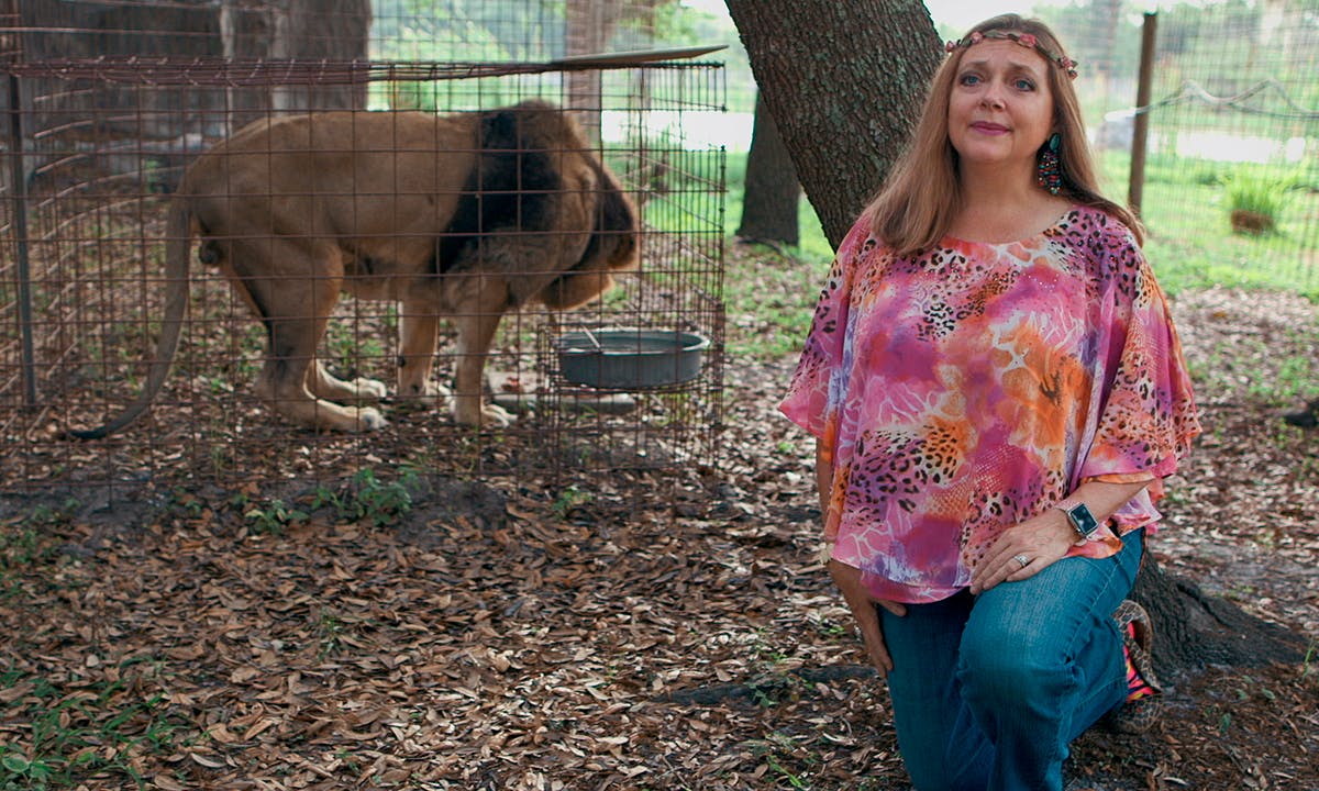 Carole Baskin and lion in 'Tiger King'