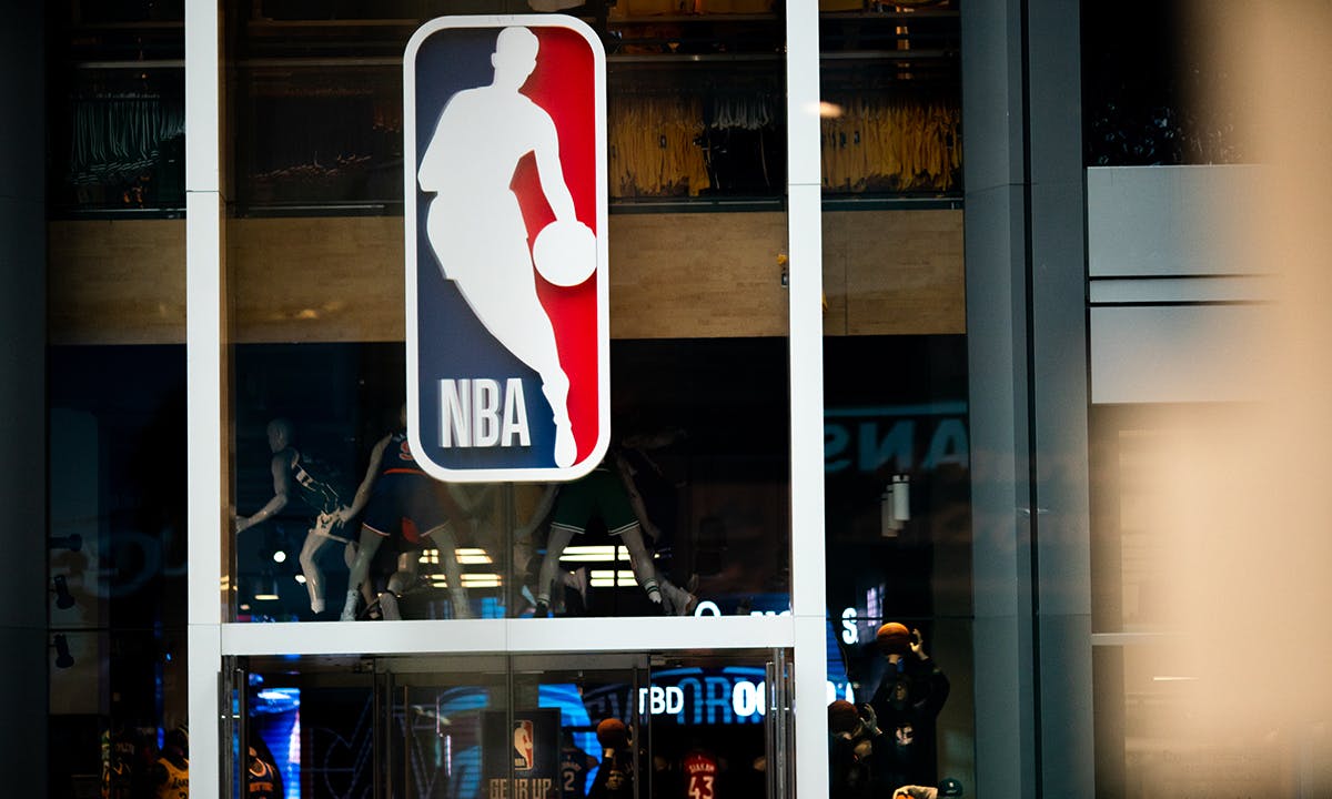 NBA logo is shown at the 5th Avenue NBA store