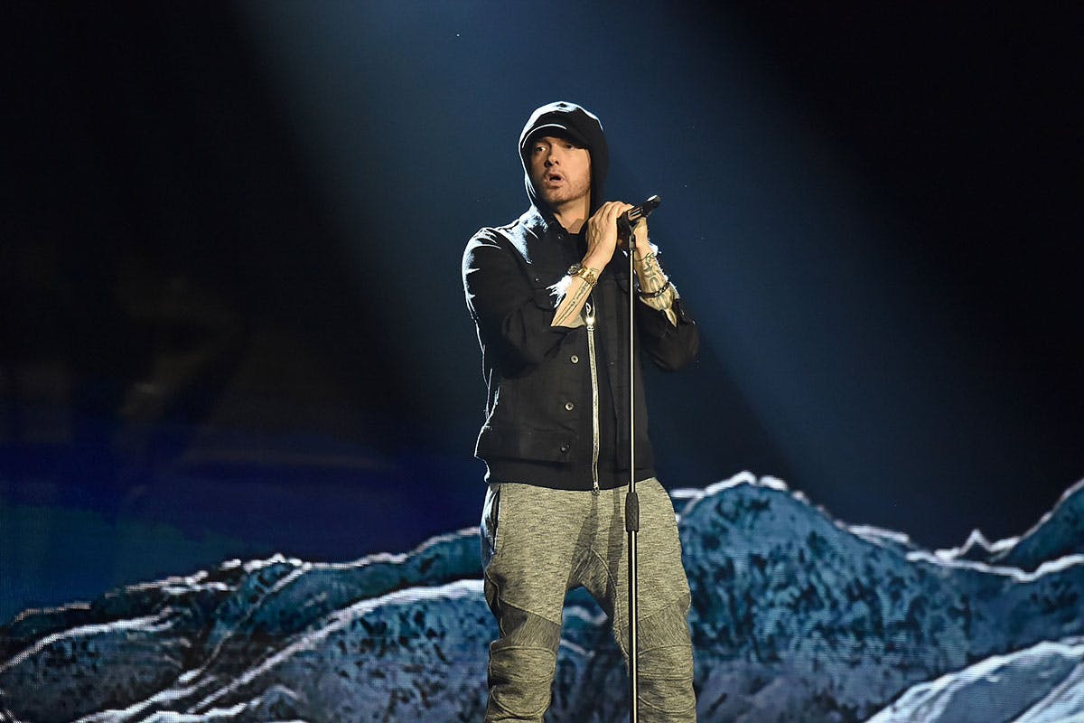 Eminem onstage hoodie beef Nick Cannon