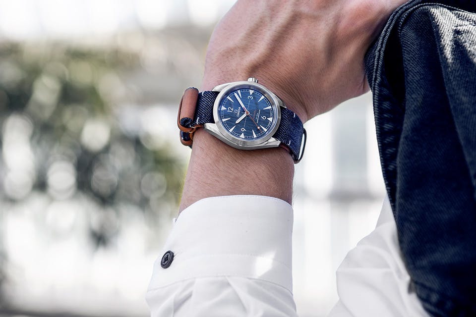 omega railmaster denim watch