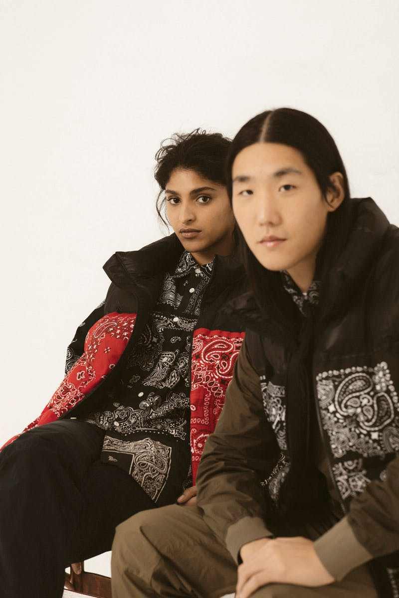 MIYAGIHIDETAKA Bandana Puffer Vest Black, and Red