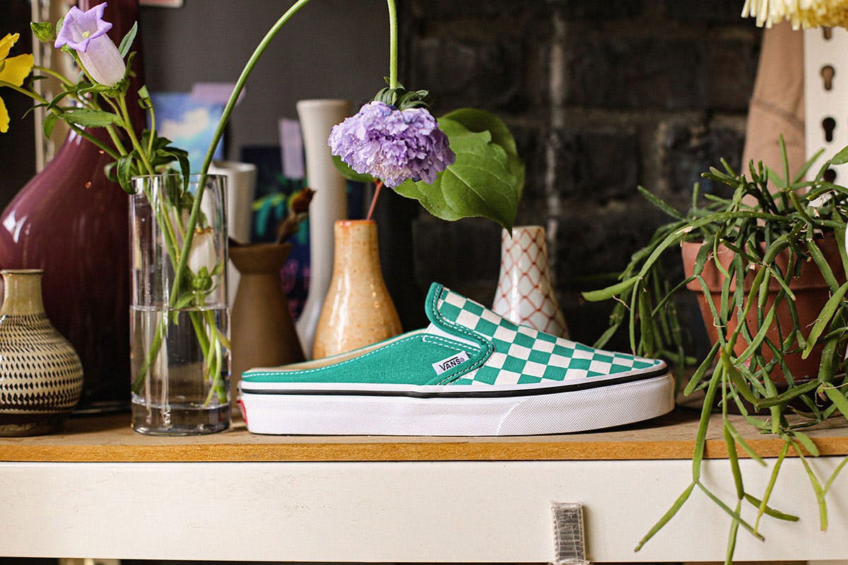 Green Vans Mule Slip-On with checkerboard pattern