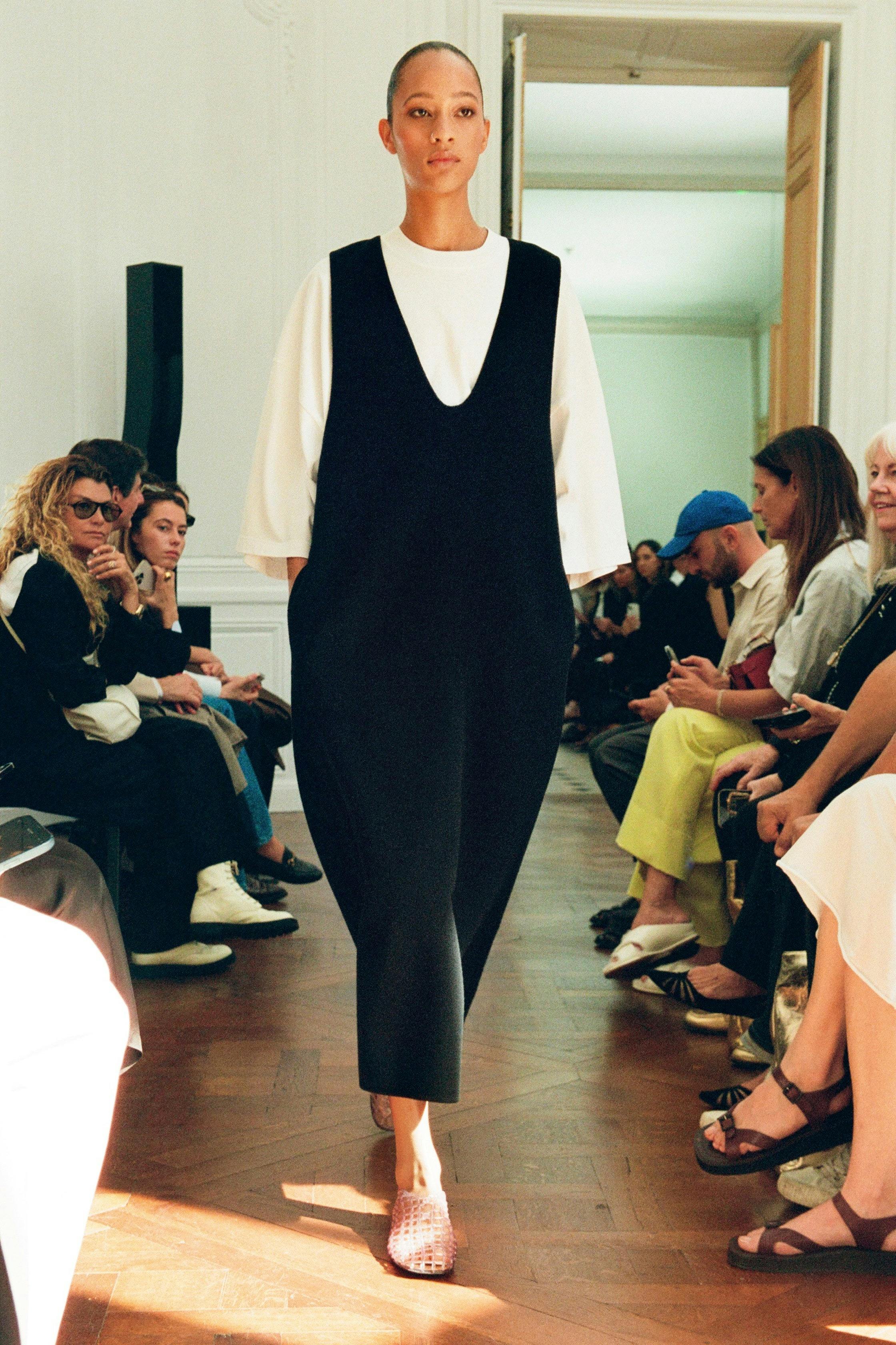 A model wears The Row's flat shoes at the Spring/Summer 2024 runway show