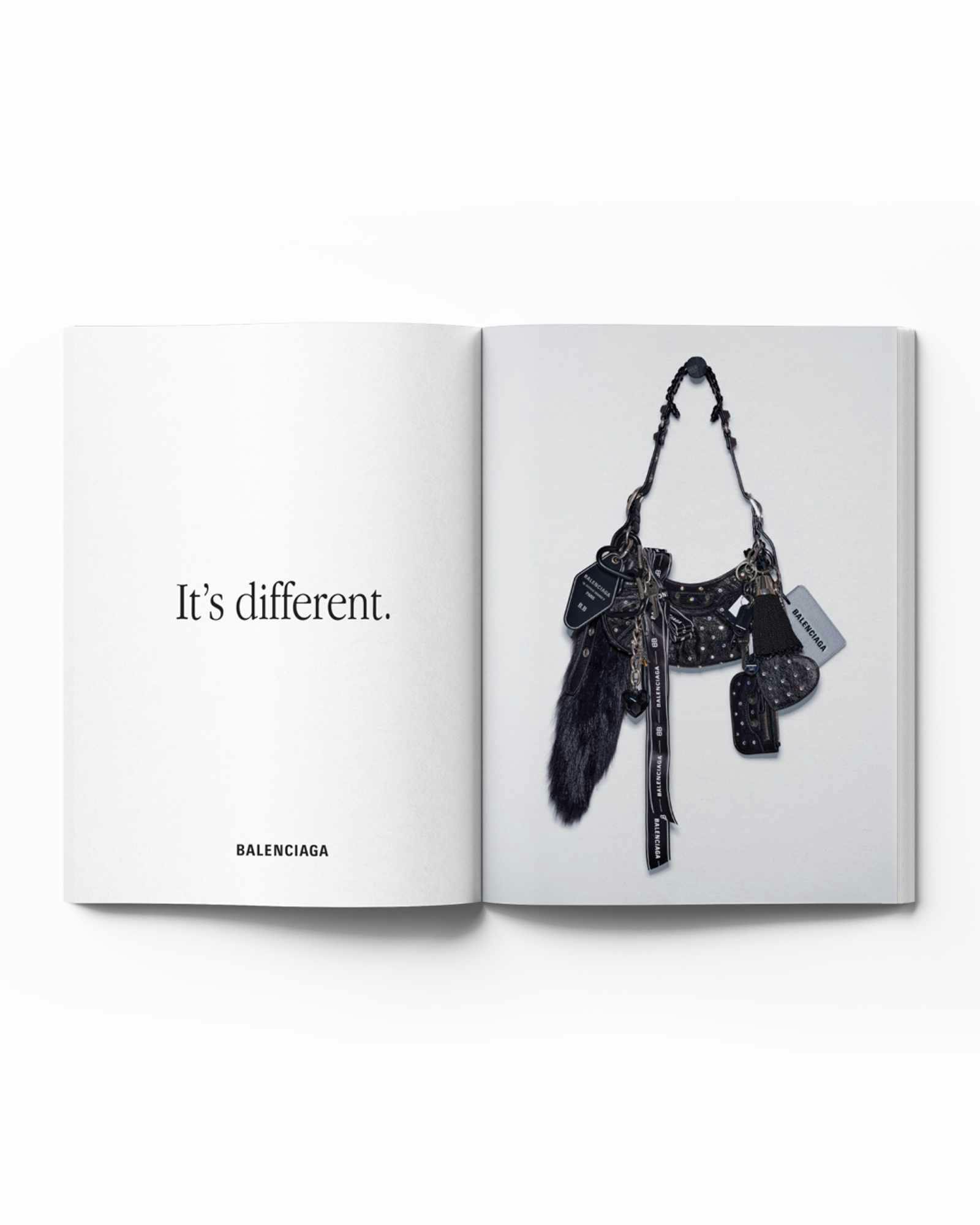 Photos of product from Balenciaga's "It's Different" ad campaign