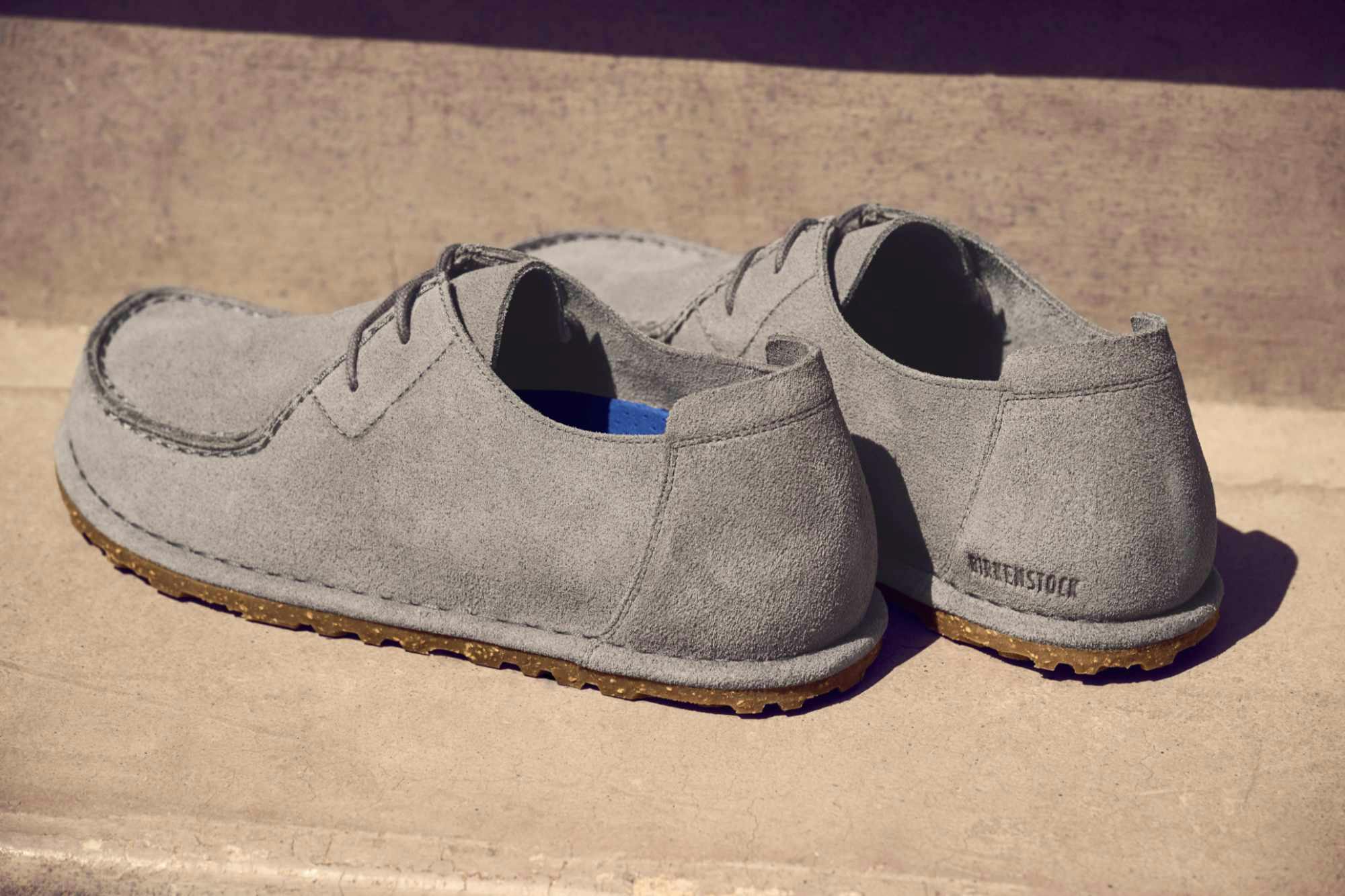 Birkenstock's suede Utti lace shoe in beige and grey