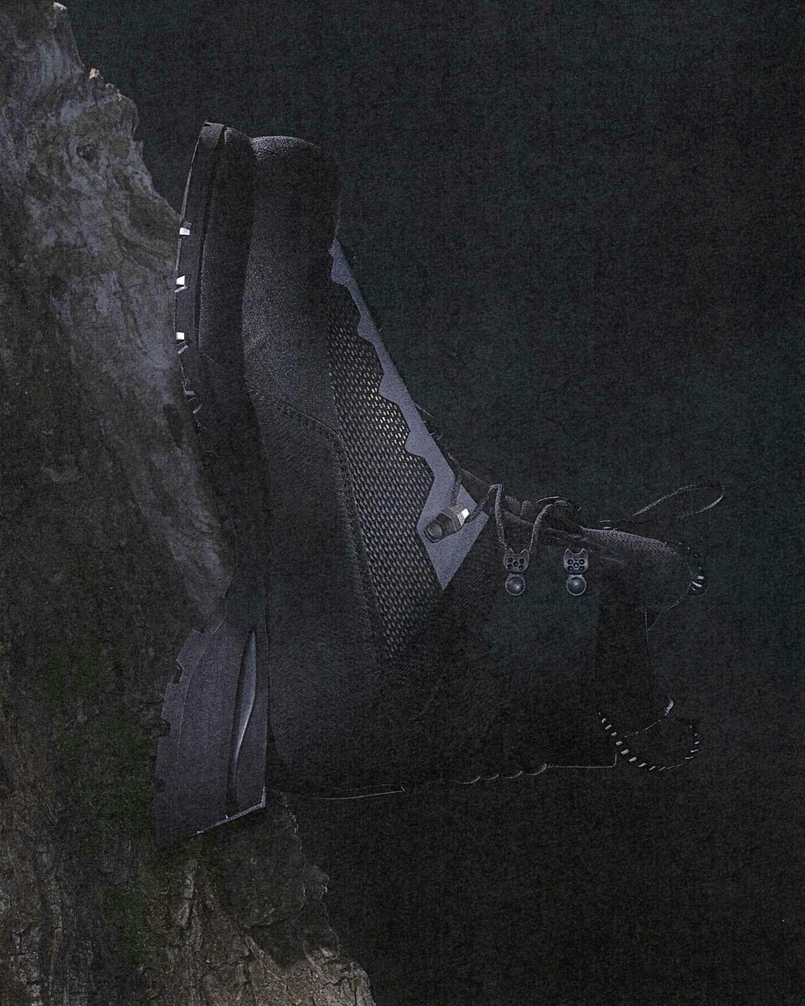 Demon shoes' footwear designs, including gren hiking boots & black low-top shoes