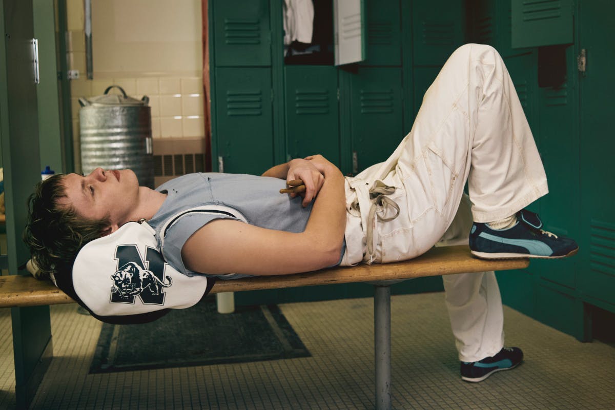 PUMA x Noah's new sportswear collection worn on models in locker room.