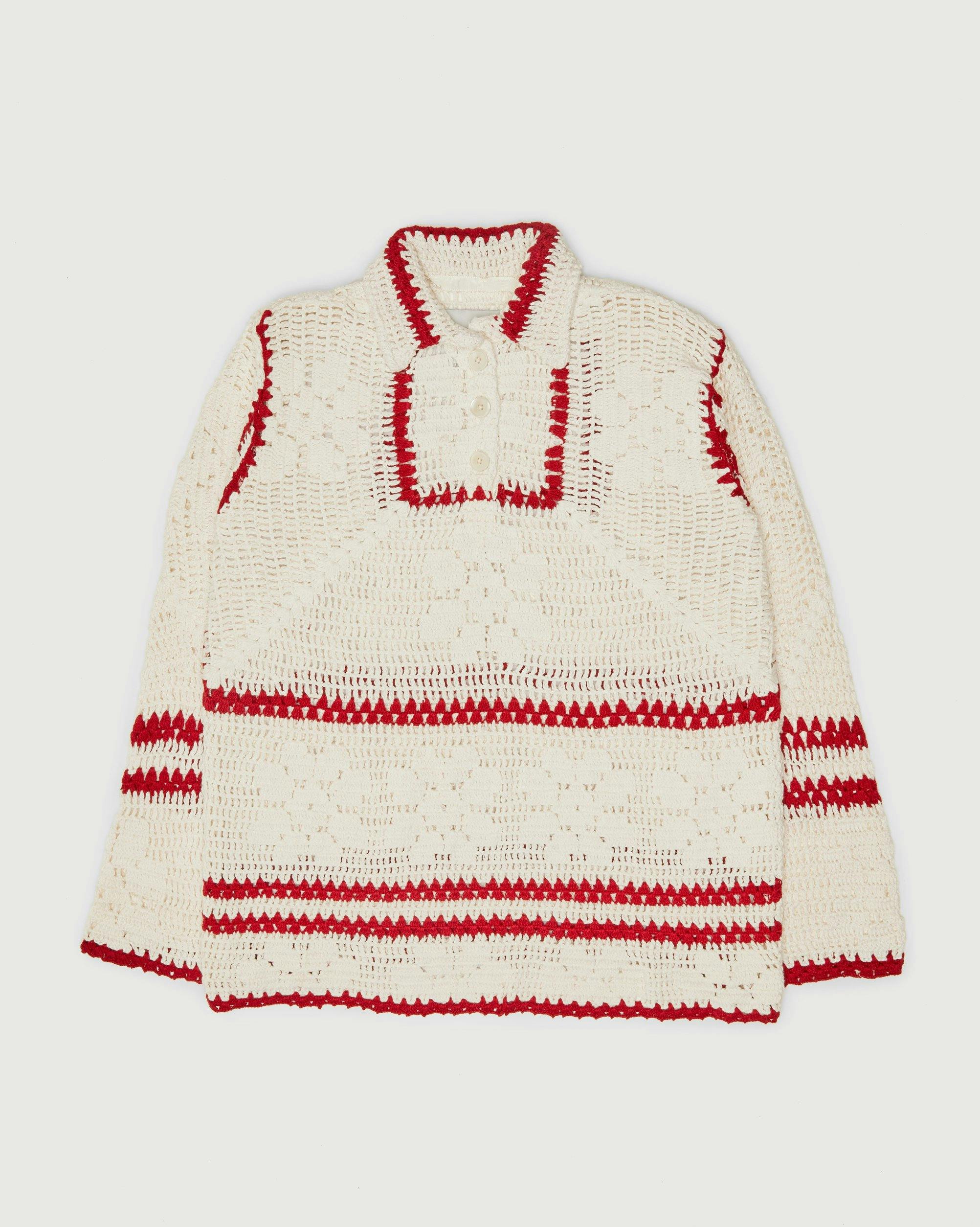 Bode - Mockneck Crochet Pullover White Red - Clothing - Beige - Image 1