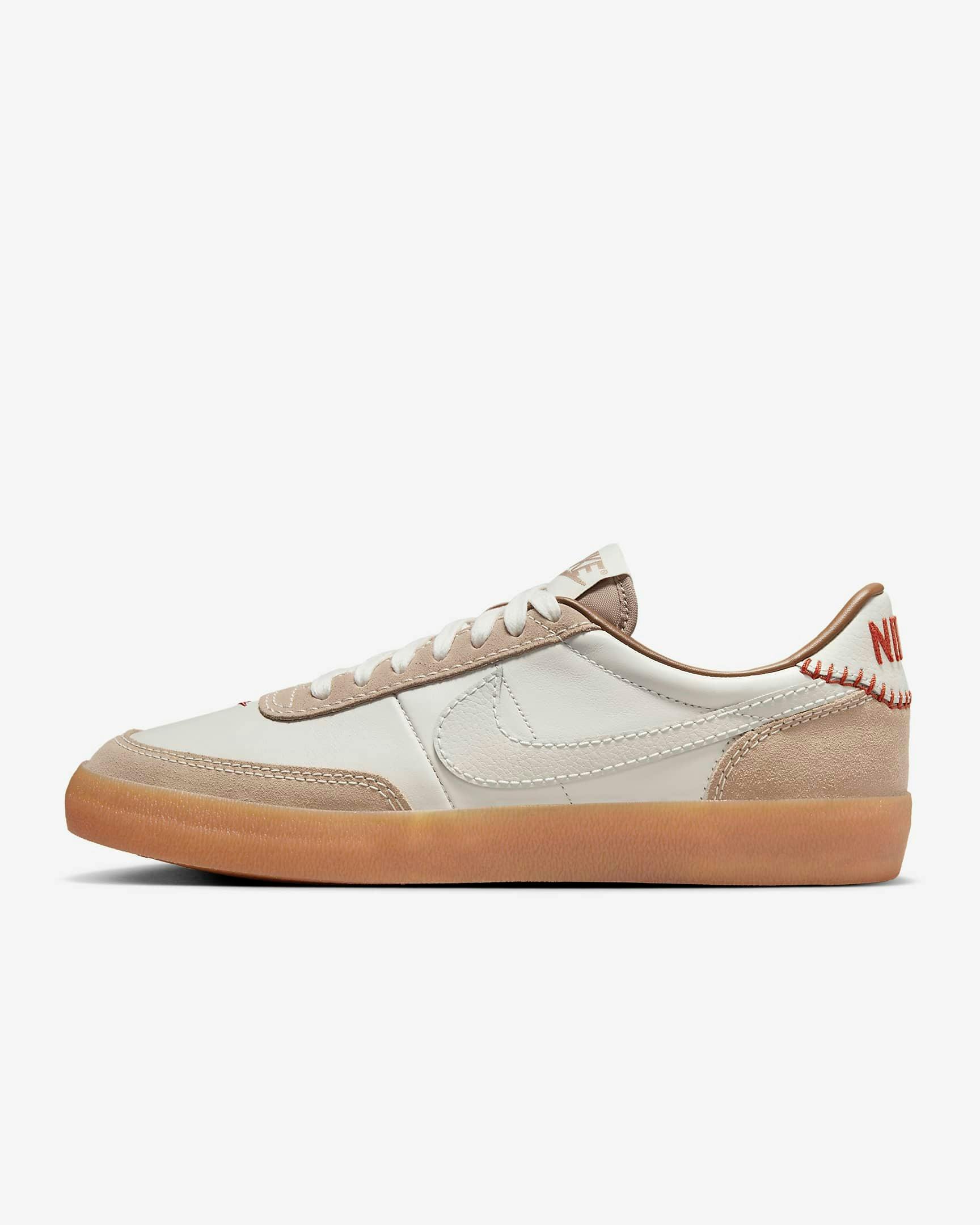 Nike's Killshot 2 sneaker in a green and beige colorway with stitched logo on the heel