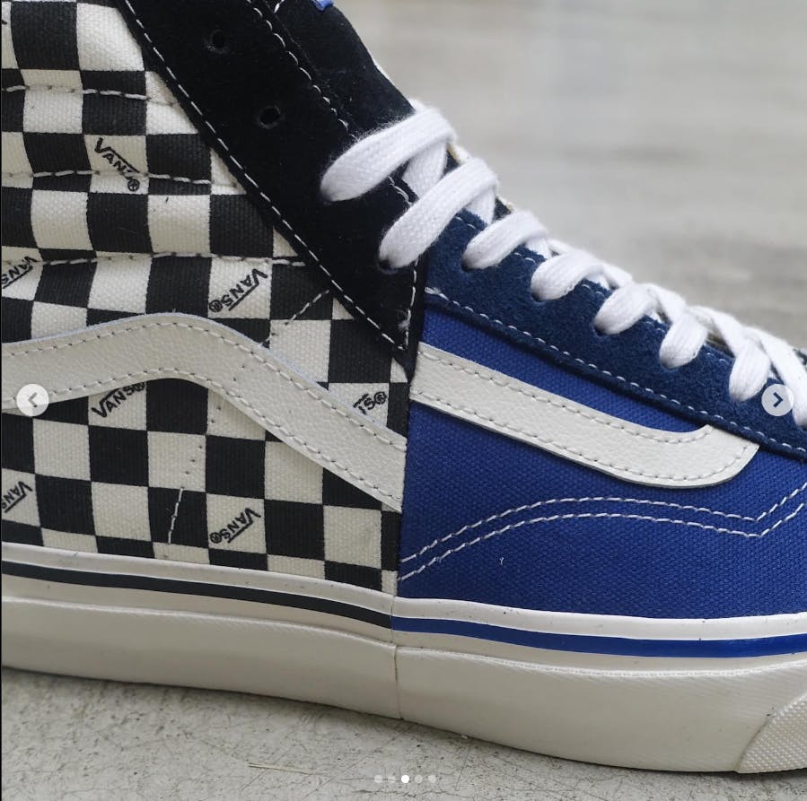 Vans' Clash the Wall patchwork sneaker with checkerboard upper and blue suede pattern