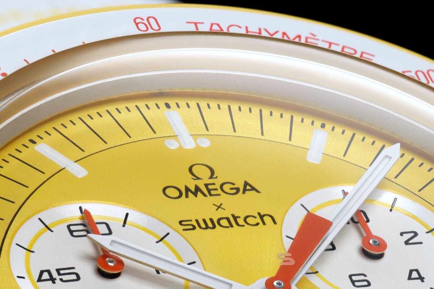 Swatch x OMEGA Moonswatch watch in white and yellow color
