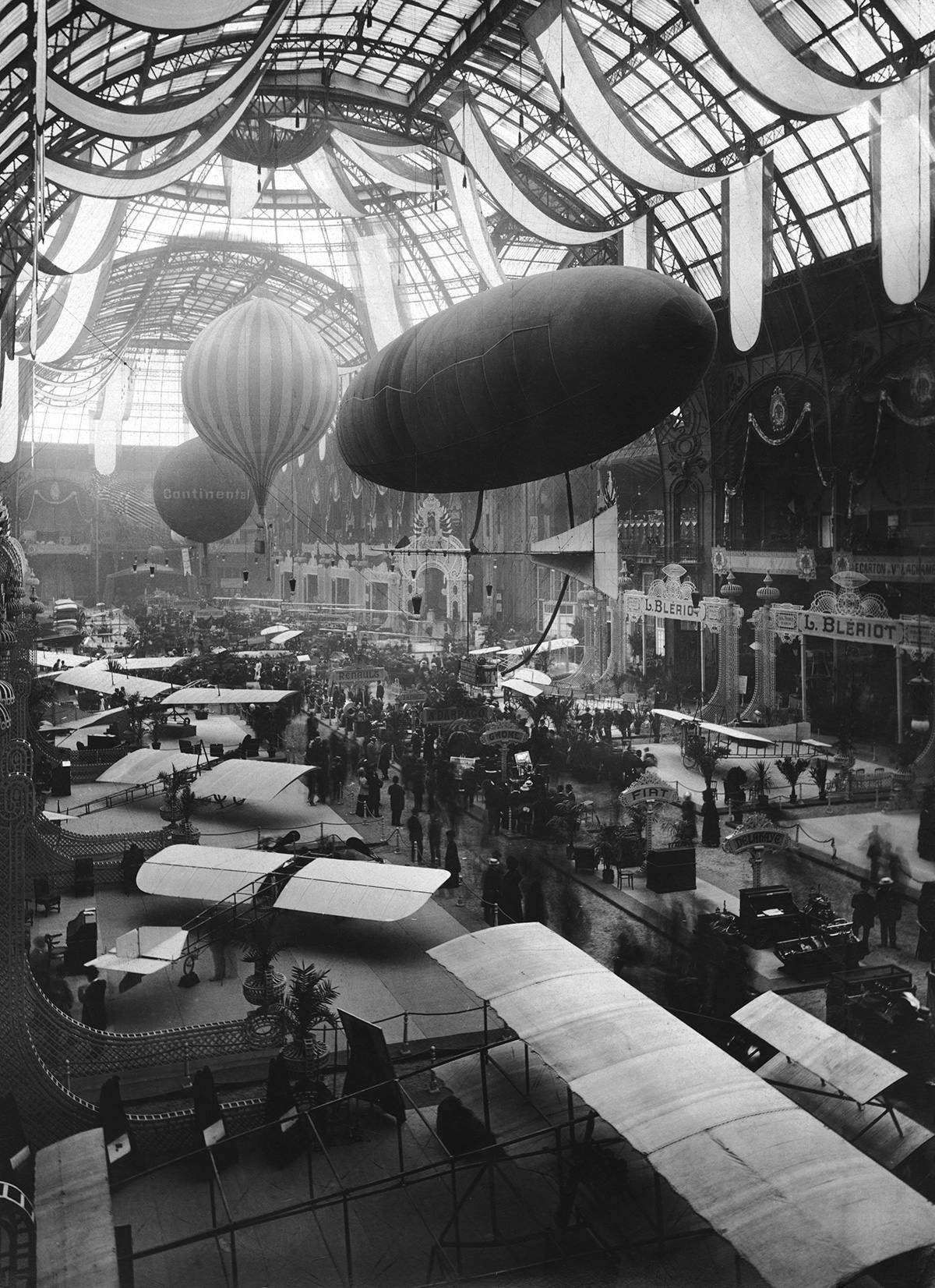 The Paris Air Show (Salon International de l'Aeronautique et de l'Espace', held at the Grand Palais in Paris, circa 1909.