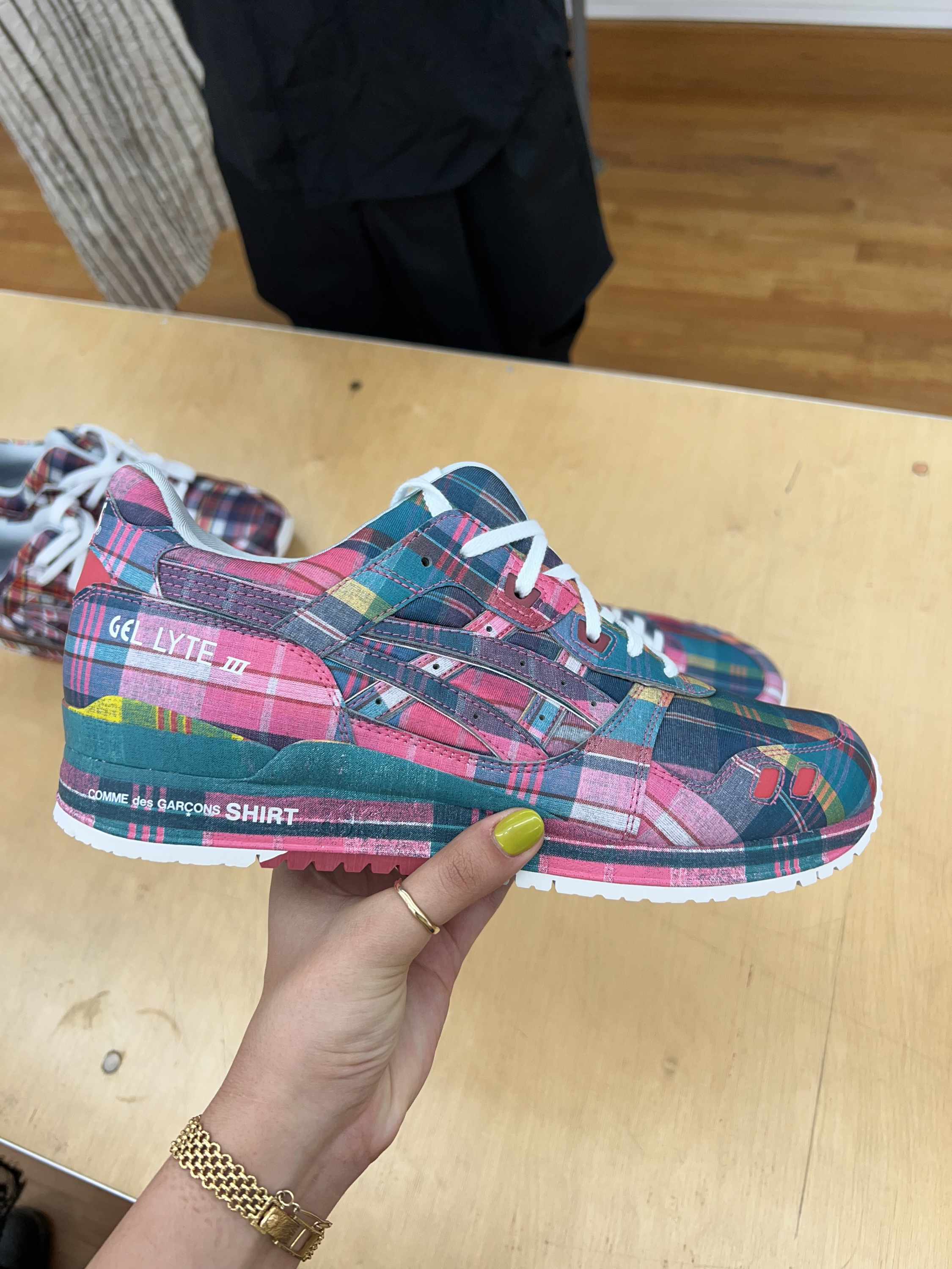 Comme des Garcons Shirt x ASICS SS25 sneakers in pink and brown plaid