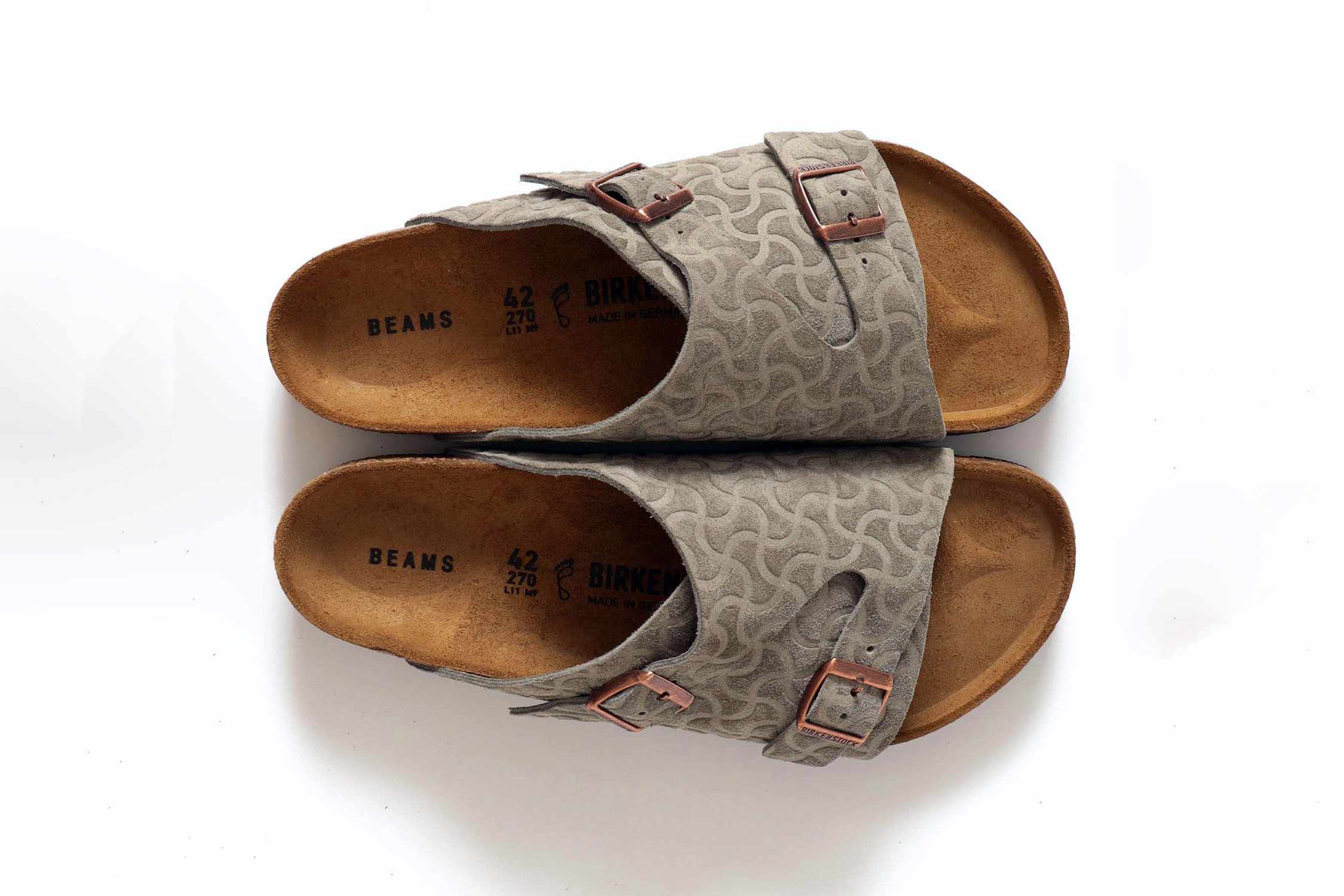 BEAMS' beige suede Birkenstock Zurich slide sandal with embossed swirling pattern and black sole