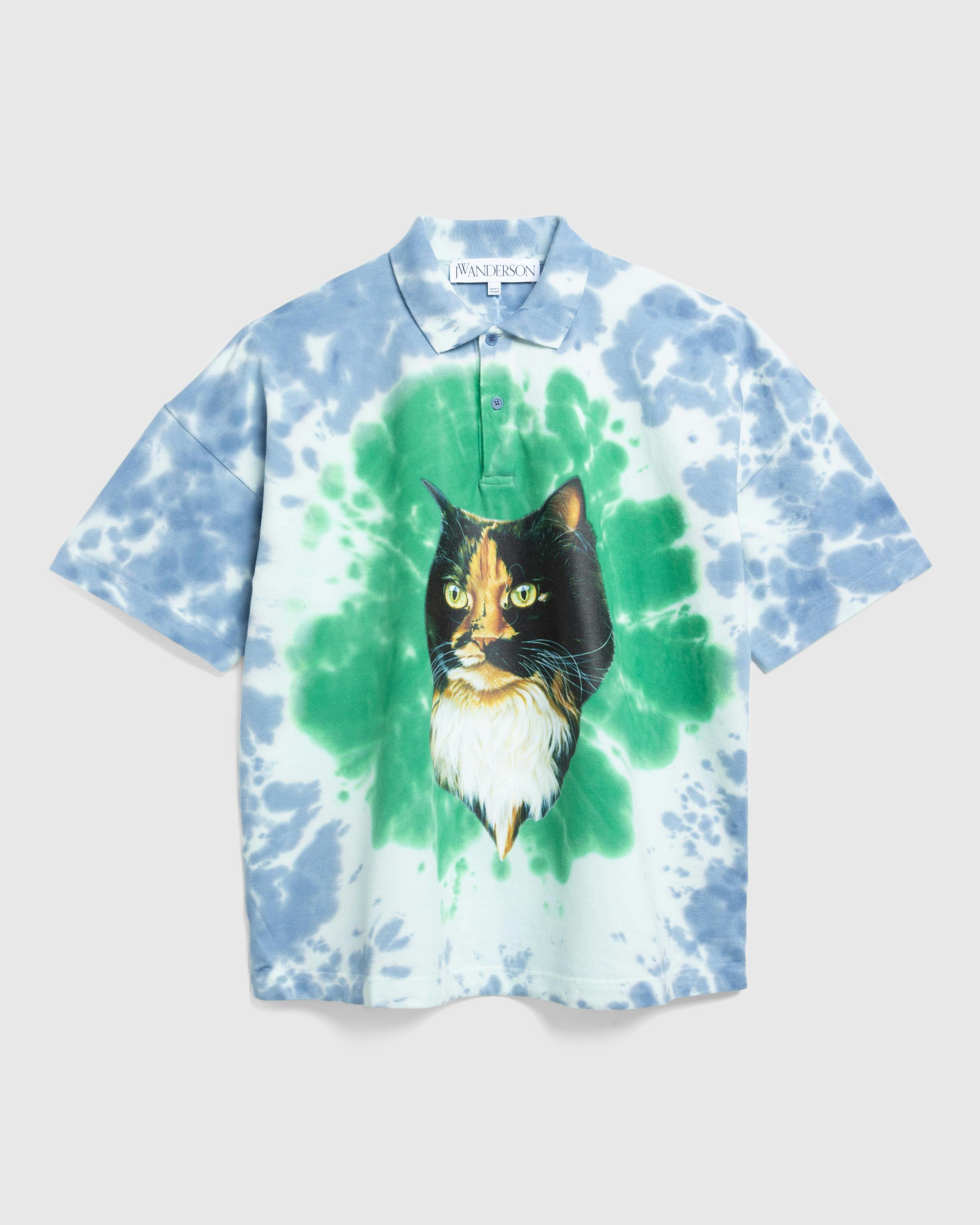 J.W. Anderson – Cat Print Tie Dye Polo Shirt Bright Blue/Bright Olive - Polos - Multi - Image 1