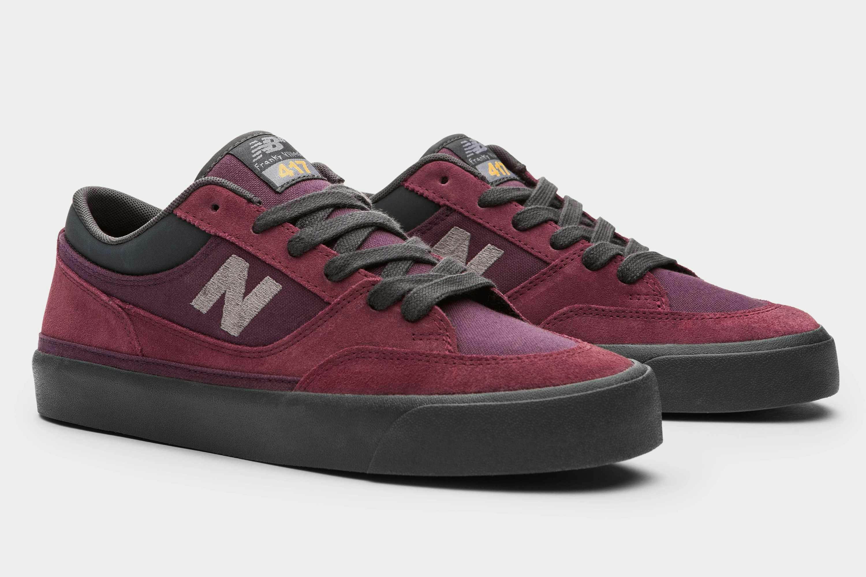 New Balance Franky Villani 417 skate shoe in burgundy suede colorway