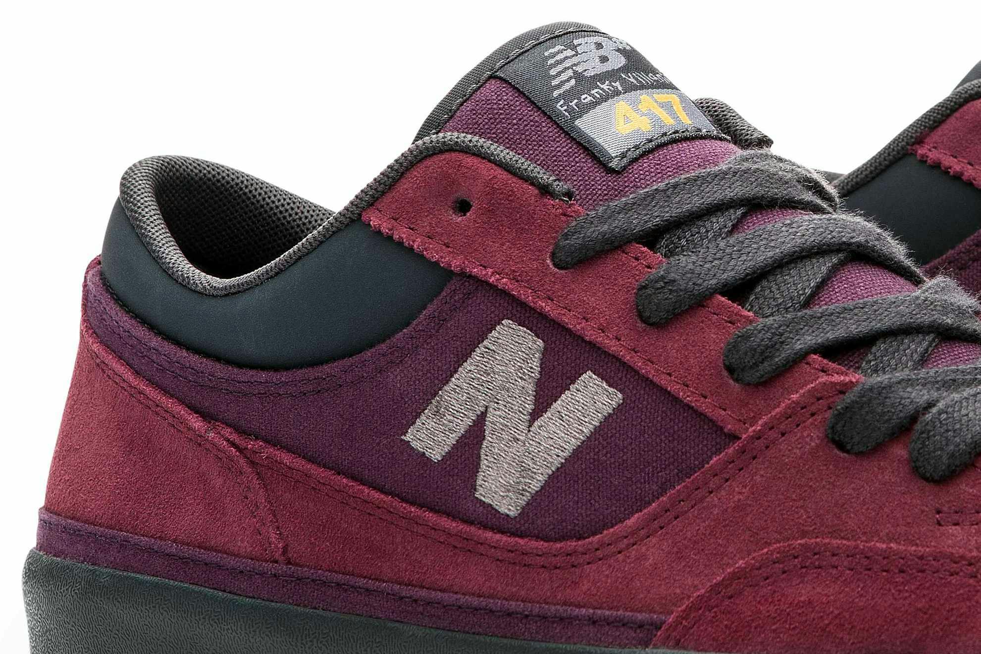 New Balance Franky Villani 417 skate shoe in burgundy suede colorway