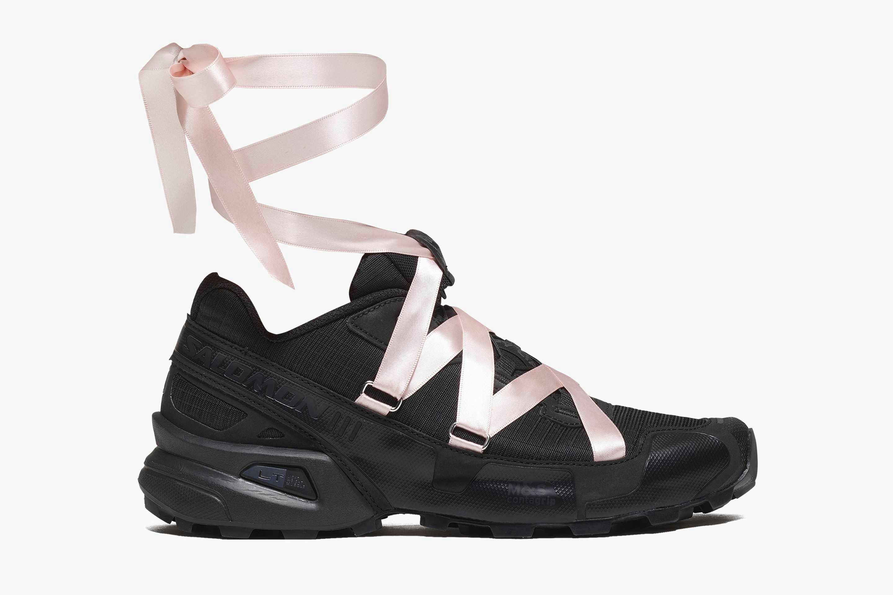 Sandy Liang x Salomon's FW24 sneaker collabs including the Mary Jeanne in black/Vanilla Ice & the Speedcross 3 sneaker in black with ribbon laces