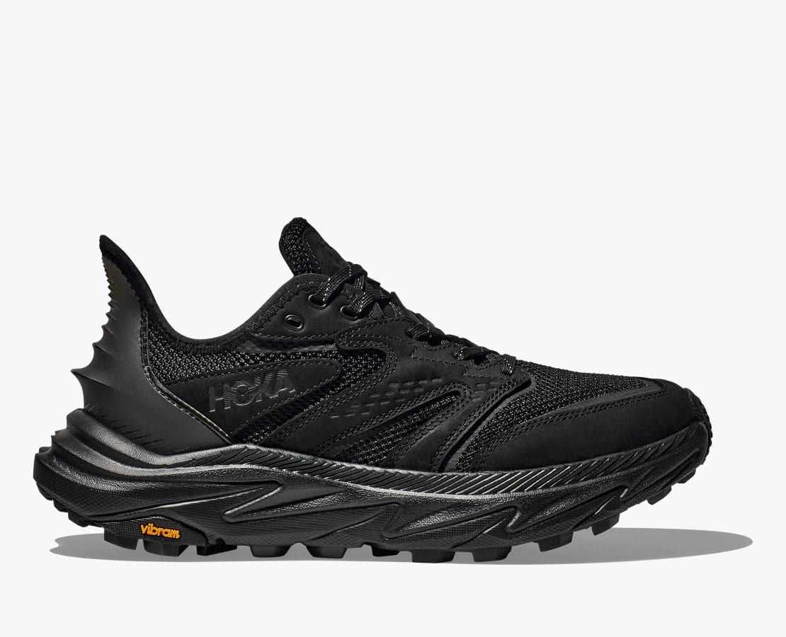 HOKA Anacapa 2 Freedom sneaker in black with black upper, sole and yellow Vibram logo