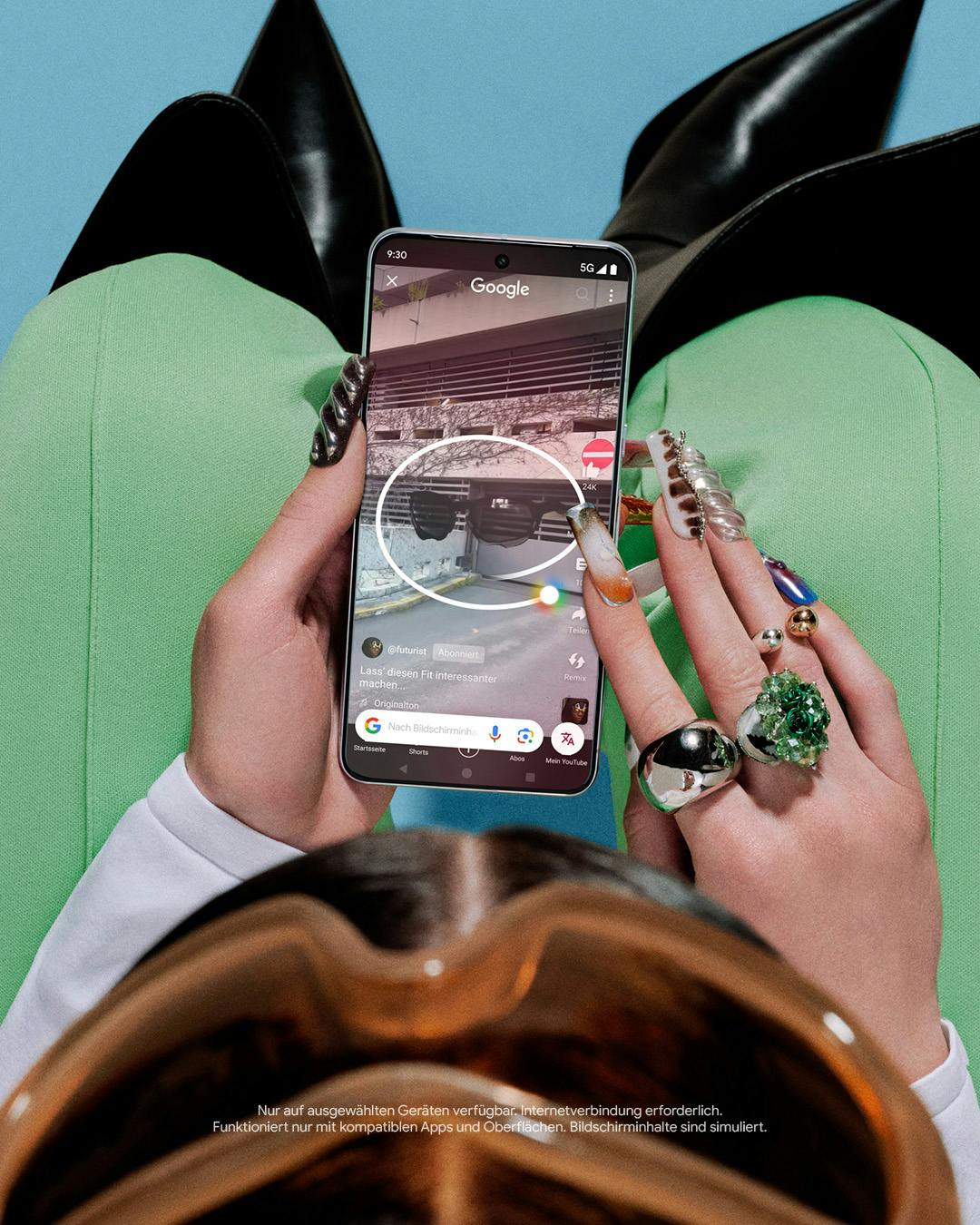 Close-up of a woman's hands holding a phone and searching the internet for fashion content