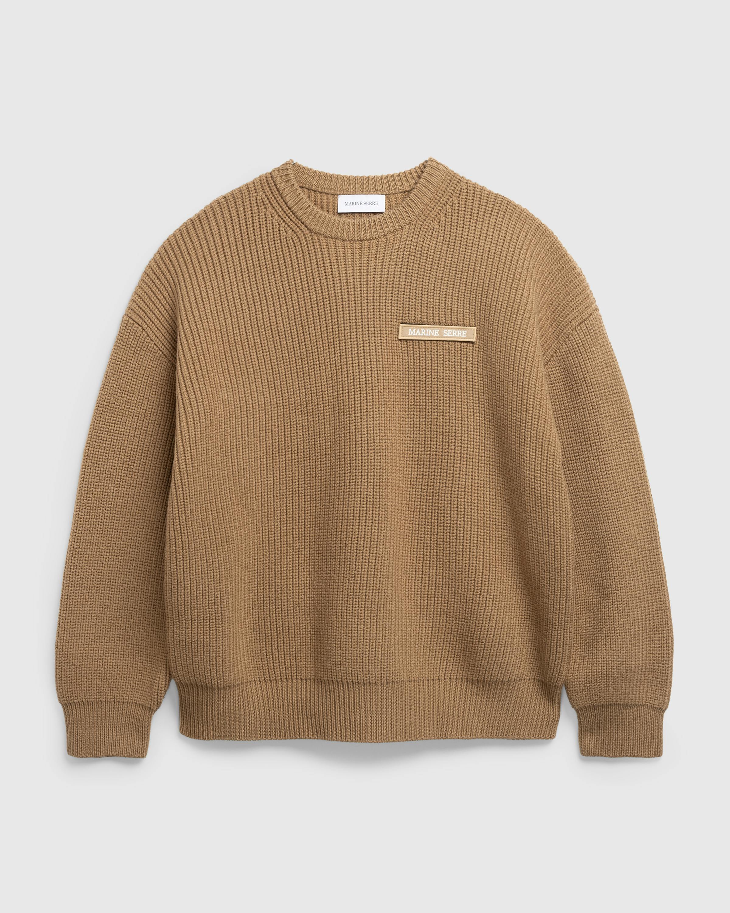 Marine Serre – MS Half Cardigan Knit Crewneck Sweater Camel - Crewnecks - Beige - Image 1