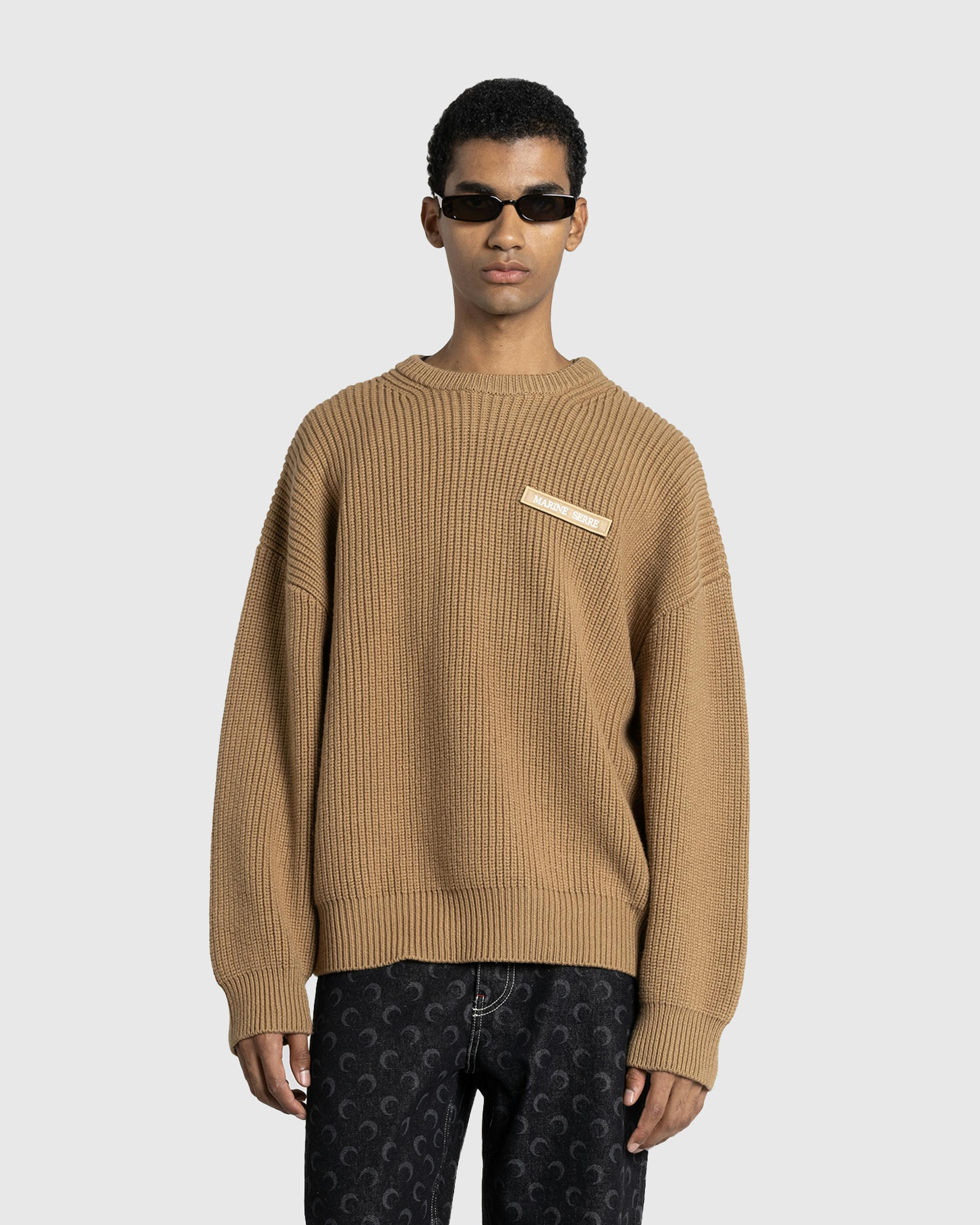 Marine Serre – MS Half Cardigan Knit Crewneck Sweater Camel - Crewnecks - Beige - Image 2