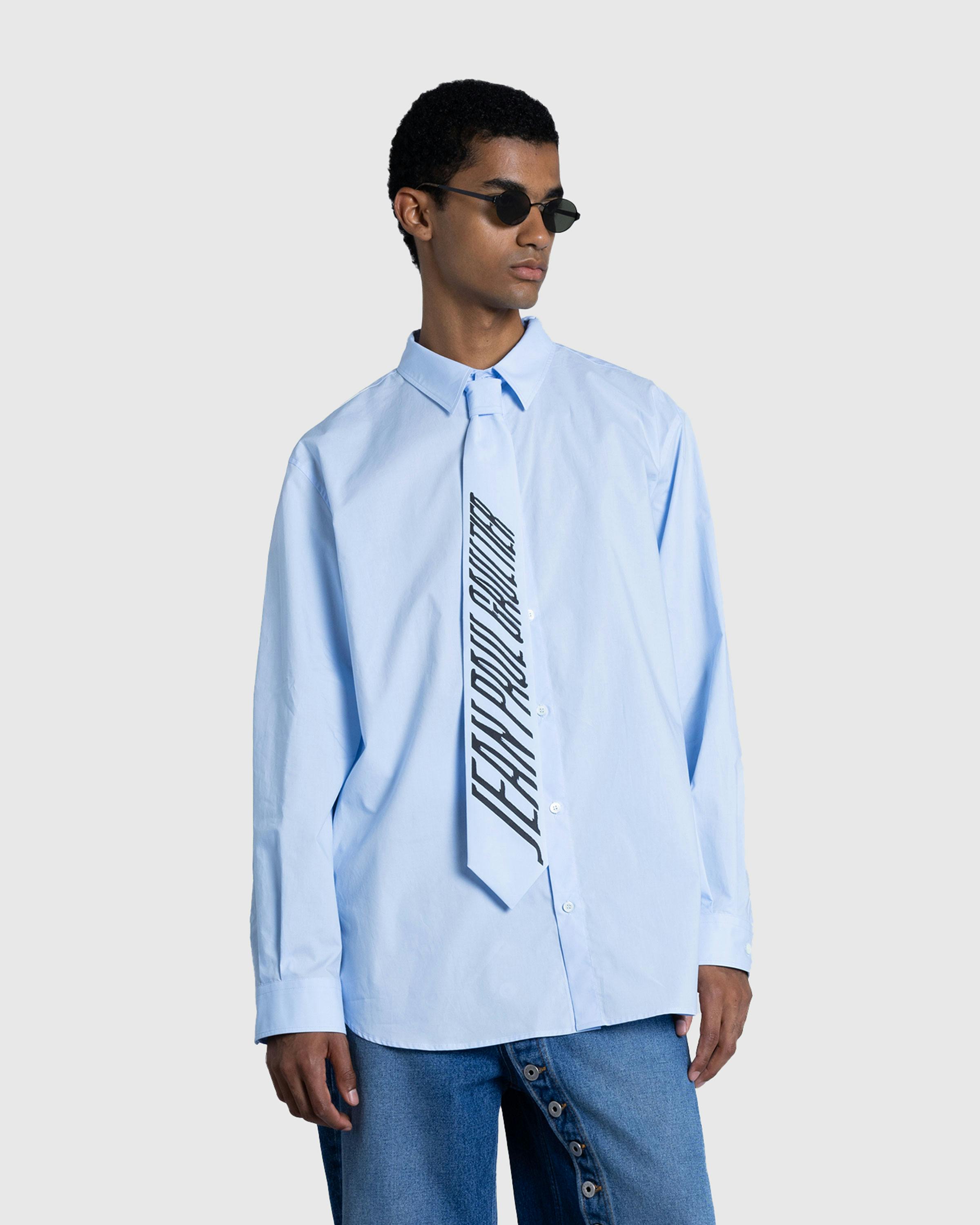 Jean Paul Gaultier – Cotton Poplin Shirt With Printed Tie Baby Blue/Black - Longsleeve Shirts - Blue - Image 2