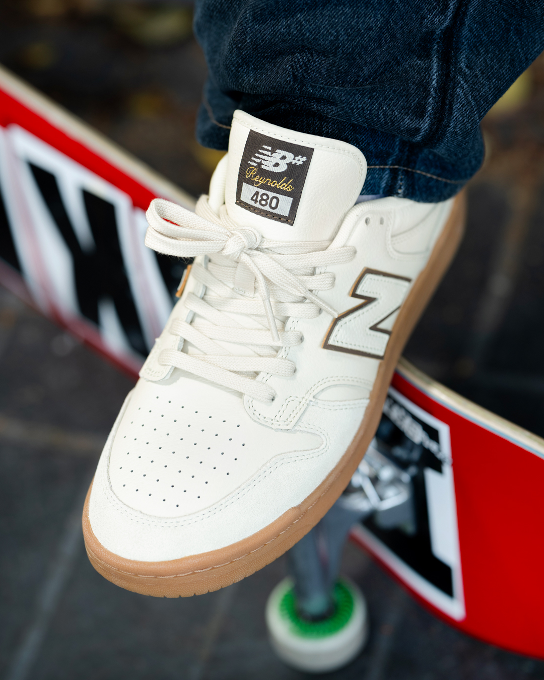 New Balance' 480 sneaker remixed by Andrew Reynolds in beige leather with a gum sole