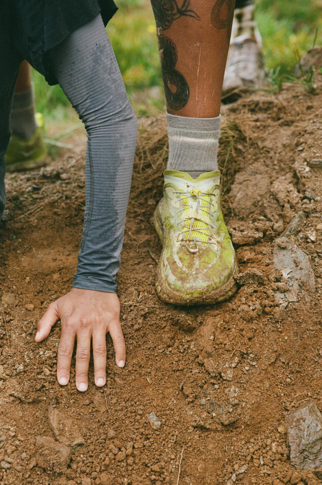 HOKA & Satsify's Mafate Speed 4 Lite sneaker in green and yellow colorways