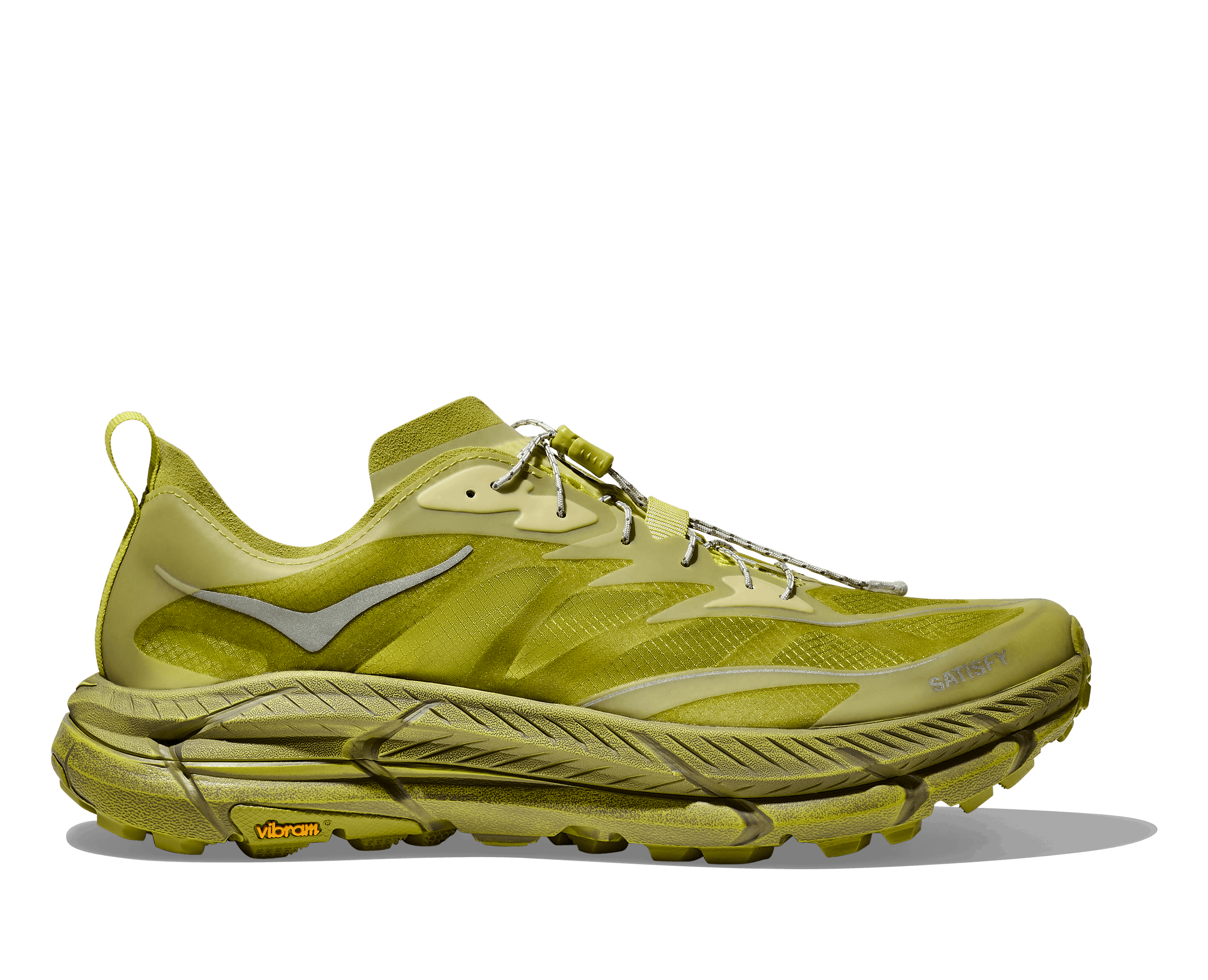 HOKA & Satsify's Mafate Speed 4 Lite sneaker in green and yellow colorways