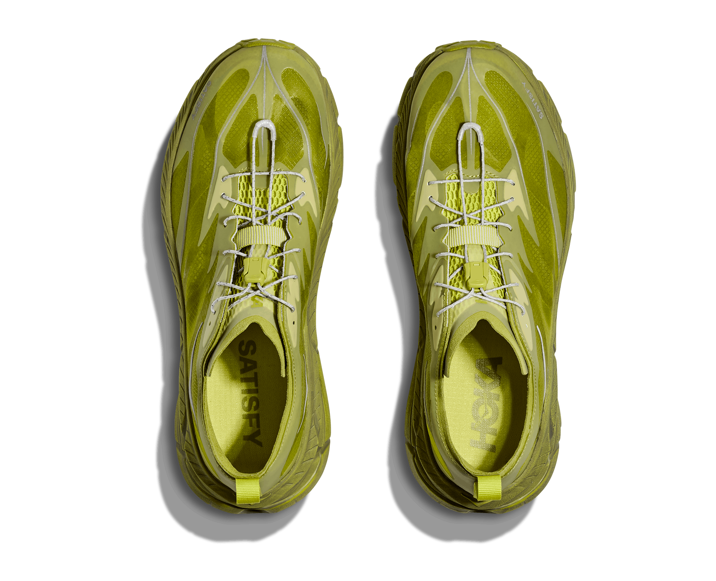 HOKA & Satsify's Mafate Speed 4 Lite sneaker in green and yellow colorways