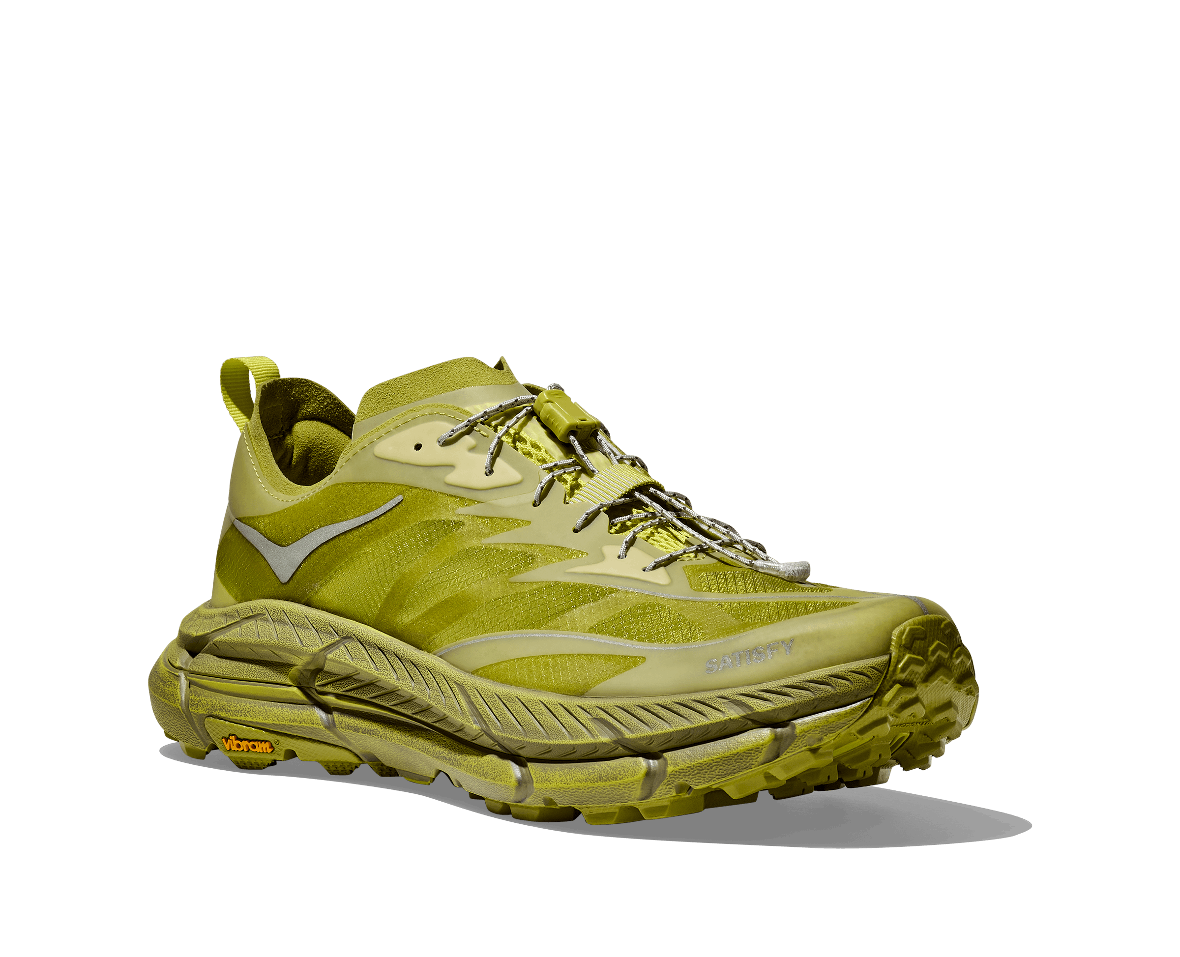 HOKA & Satsify's Mafate Speed 4 Lite sneaker in green and yellow colorways