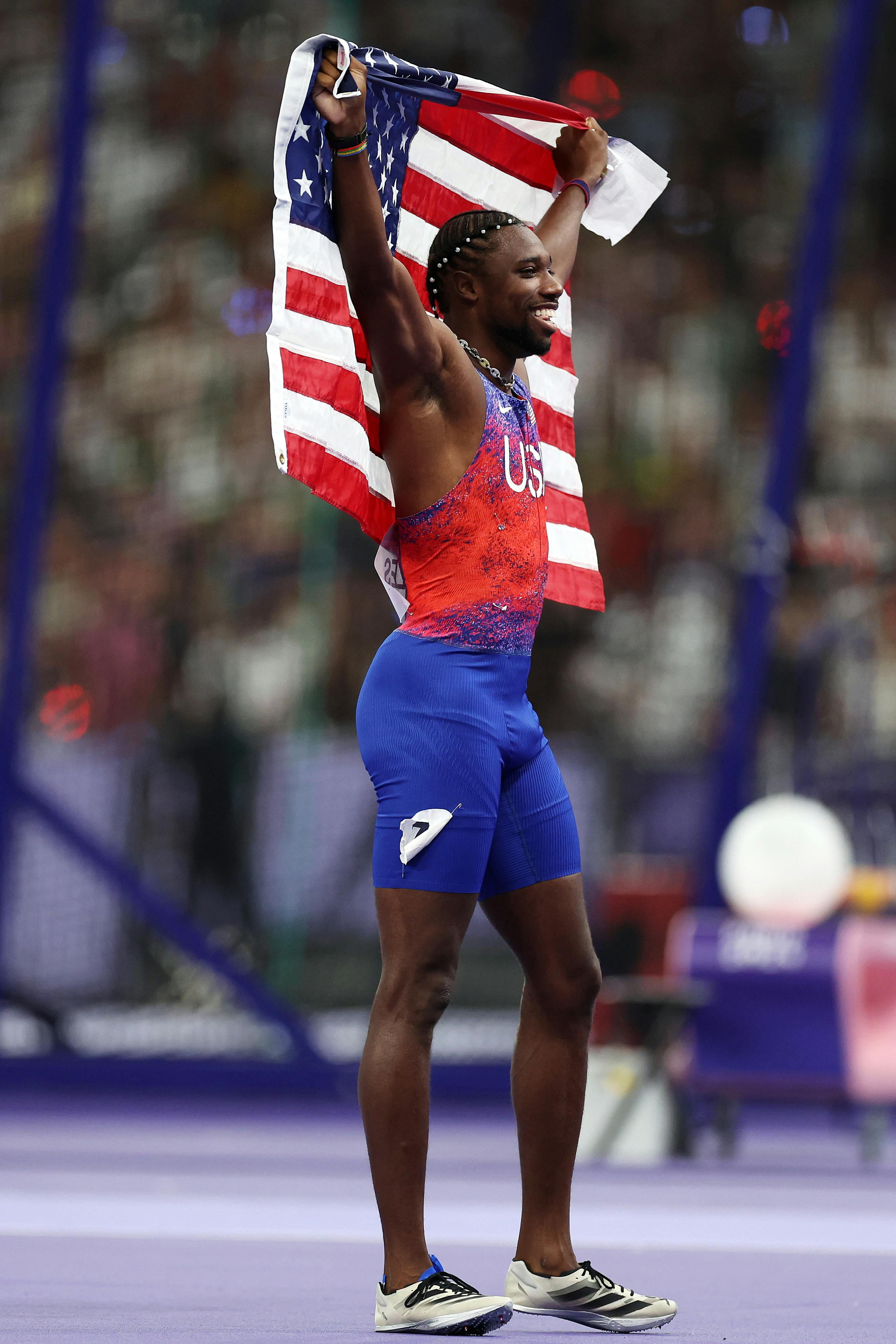 Noah Lyles of Team United States celebrates winning the gold medal in the Men's 100m Final on day nine of the Olympic Games Paris 2024