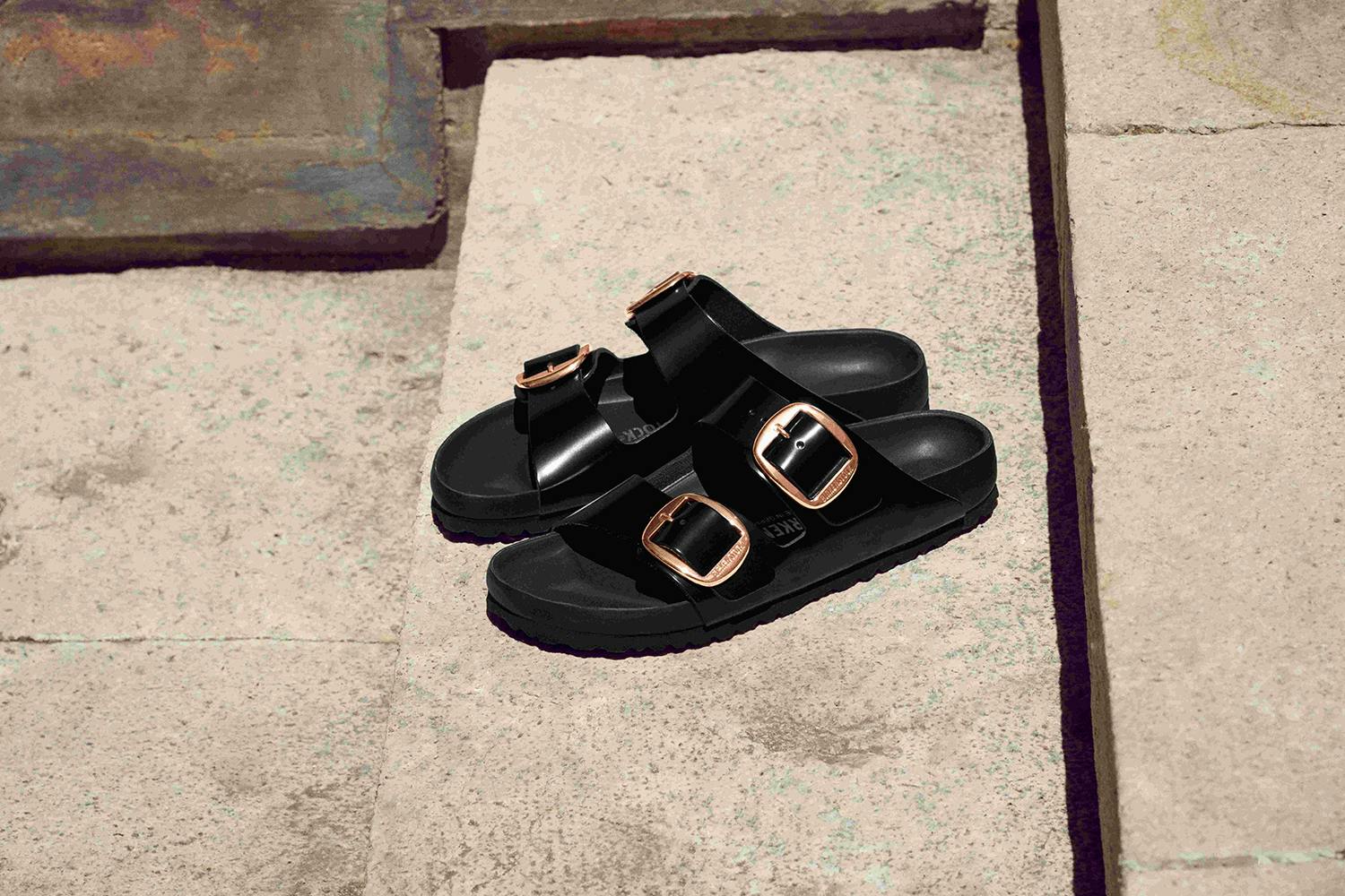 Birkenstock's Arizona sandal in black leather with gold buckles