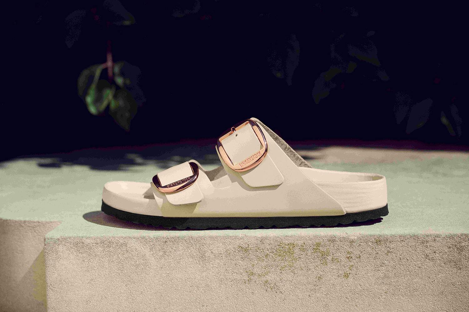 Birkenstock's Arizona sandal in black leather with gold buckles