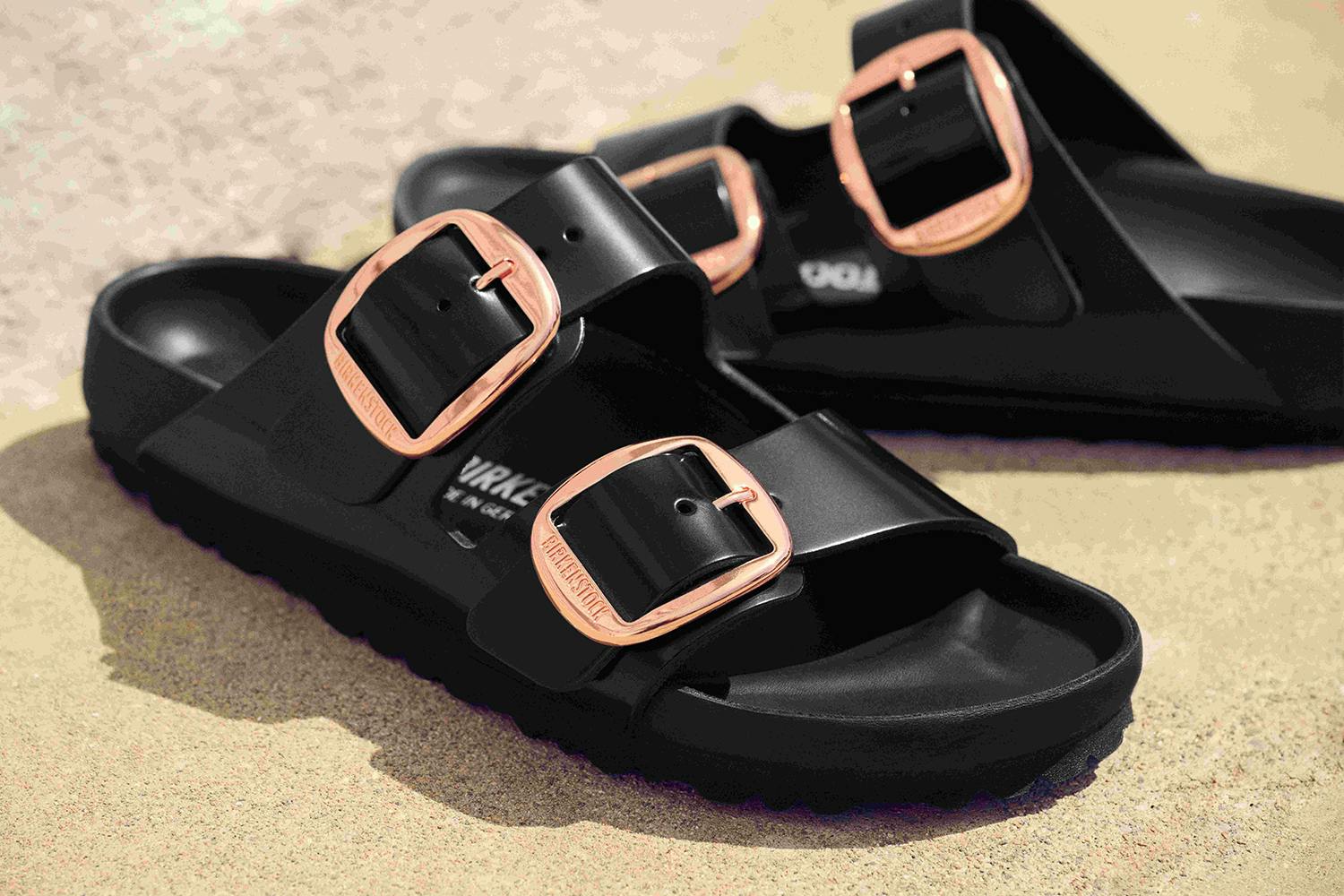 Birkenstock's Arizona sandal in black leather with gold buckles