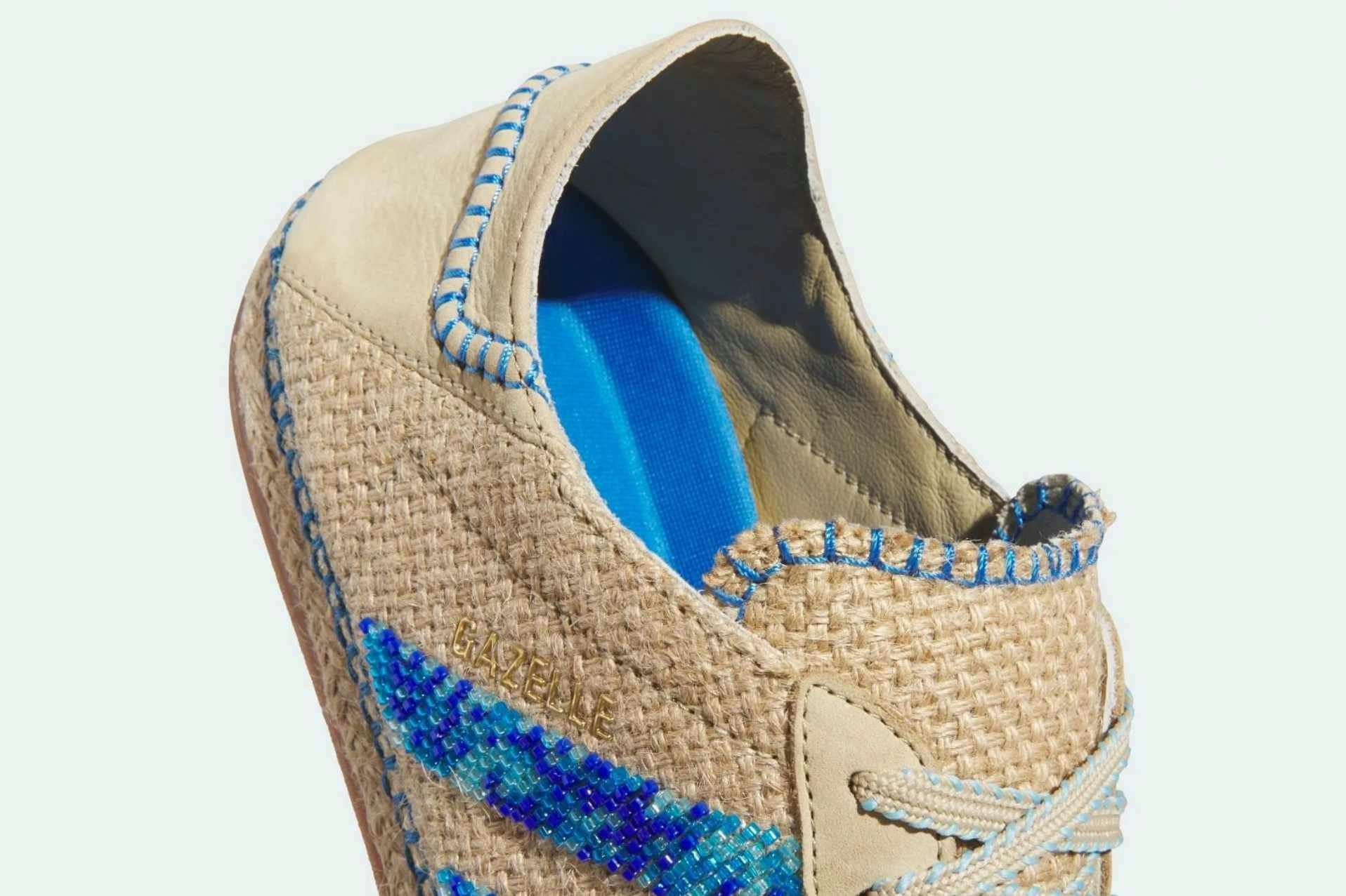 CLOT's adidas gazelle espadrille in woven beige and beaded blue