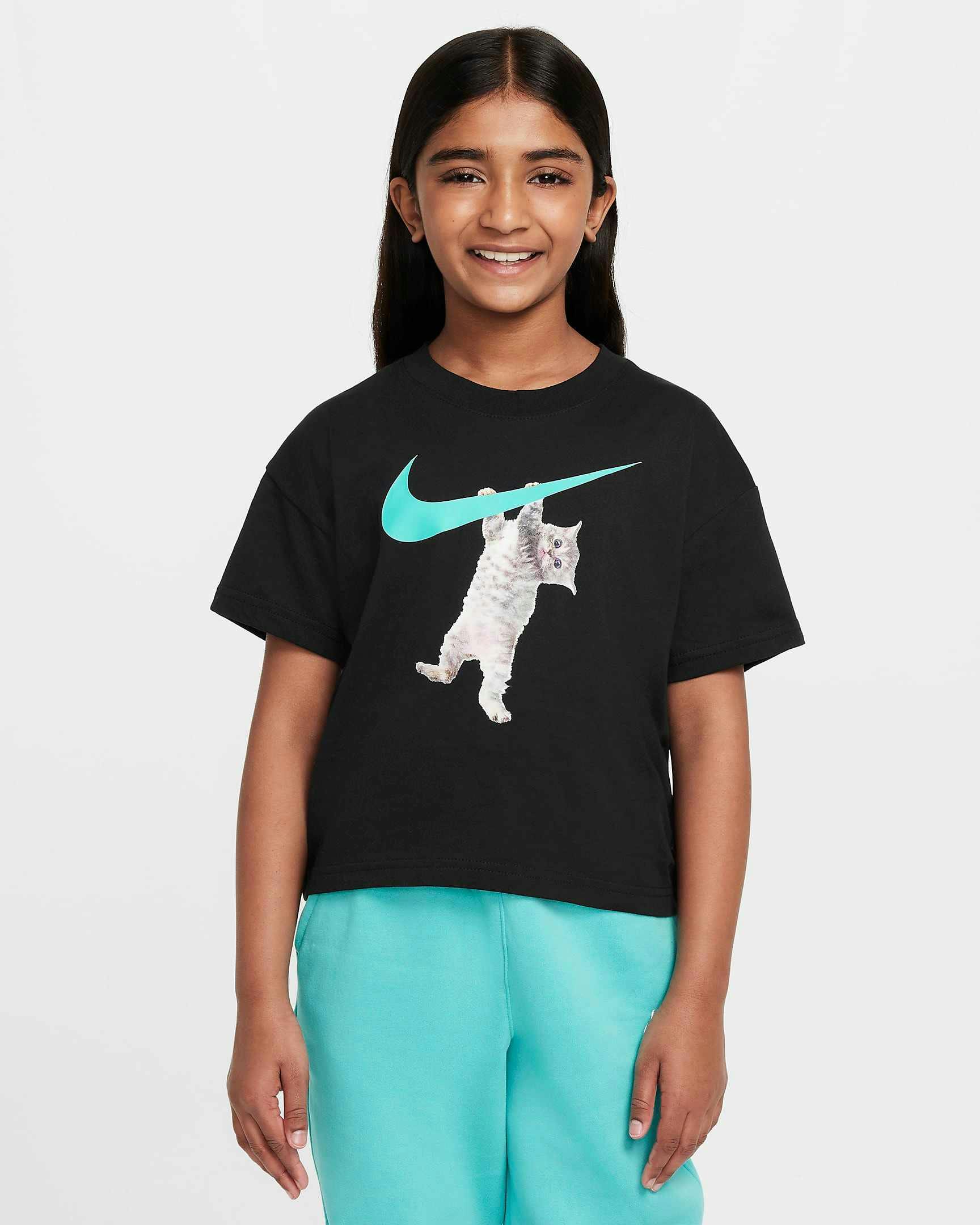 Nike hang in there baby cat on white swoosh black tshirt