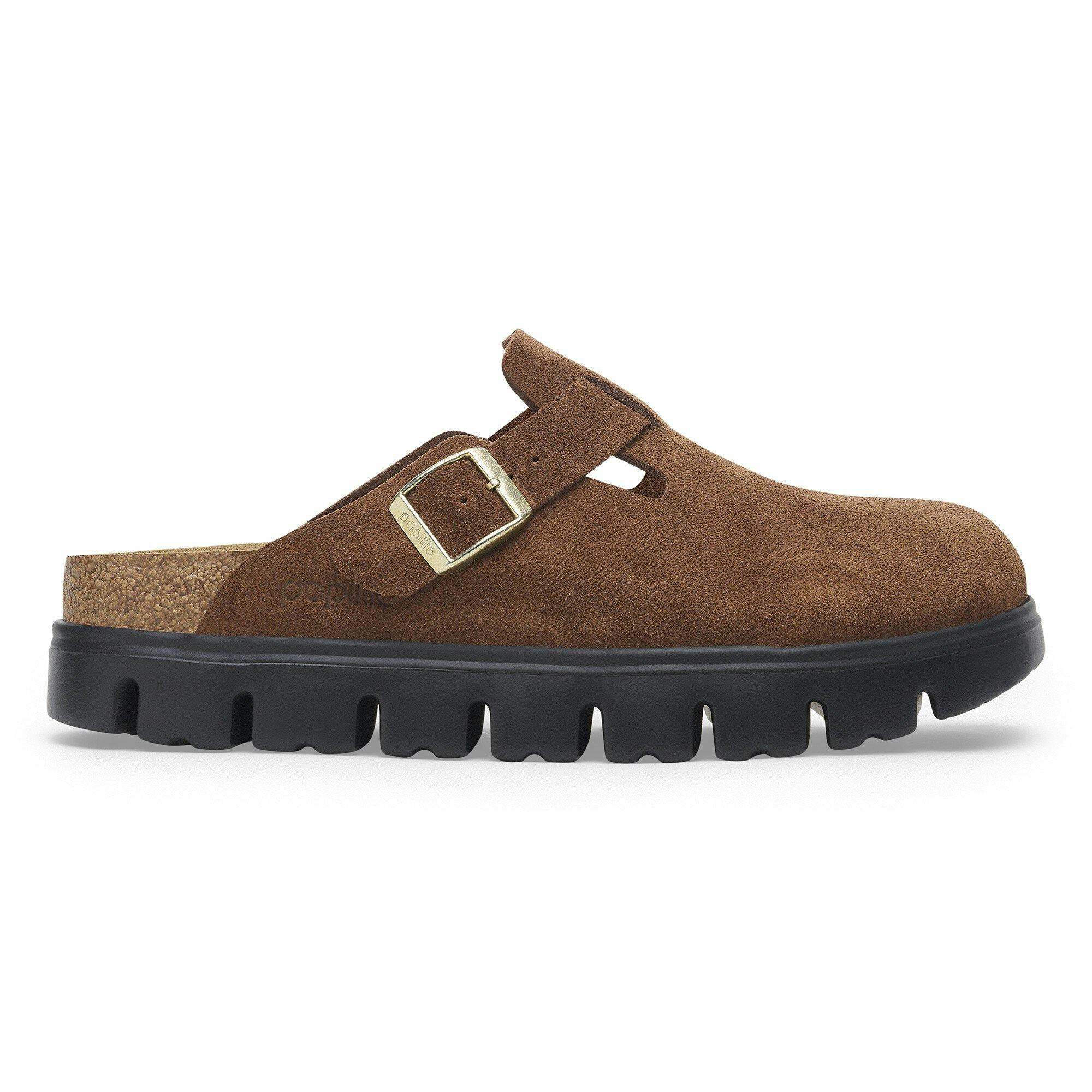 Birkenstock Chunky Clog in brown and beige suede with white and black chunky sole