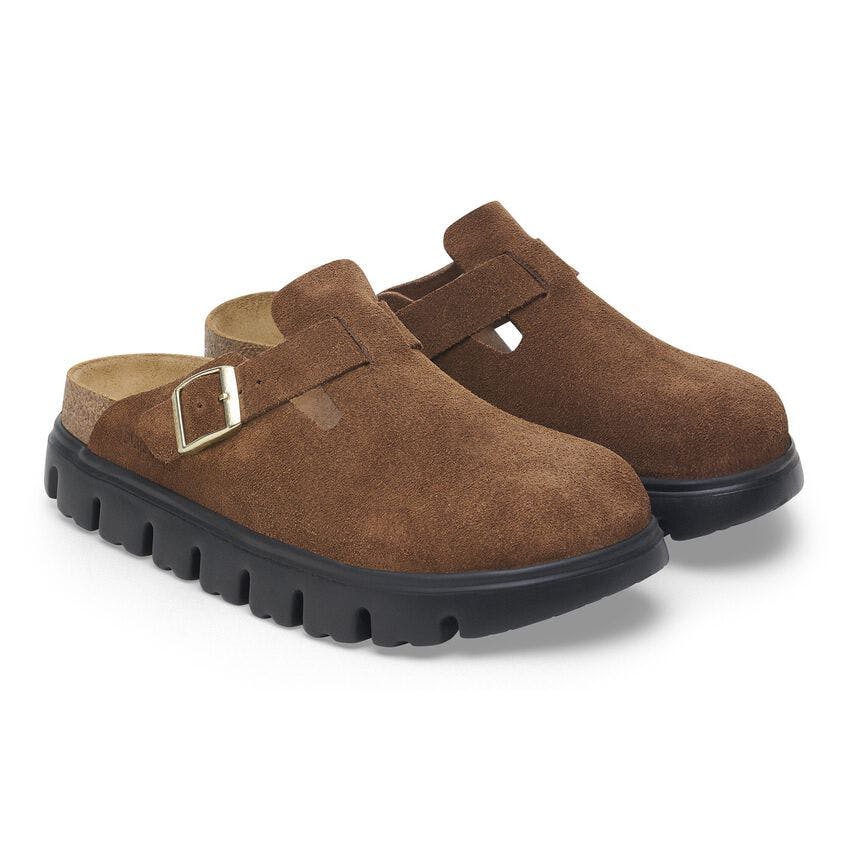 Birkenstock Chunky Clog in brown and beige suede with white and black chunky sole