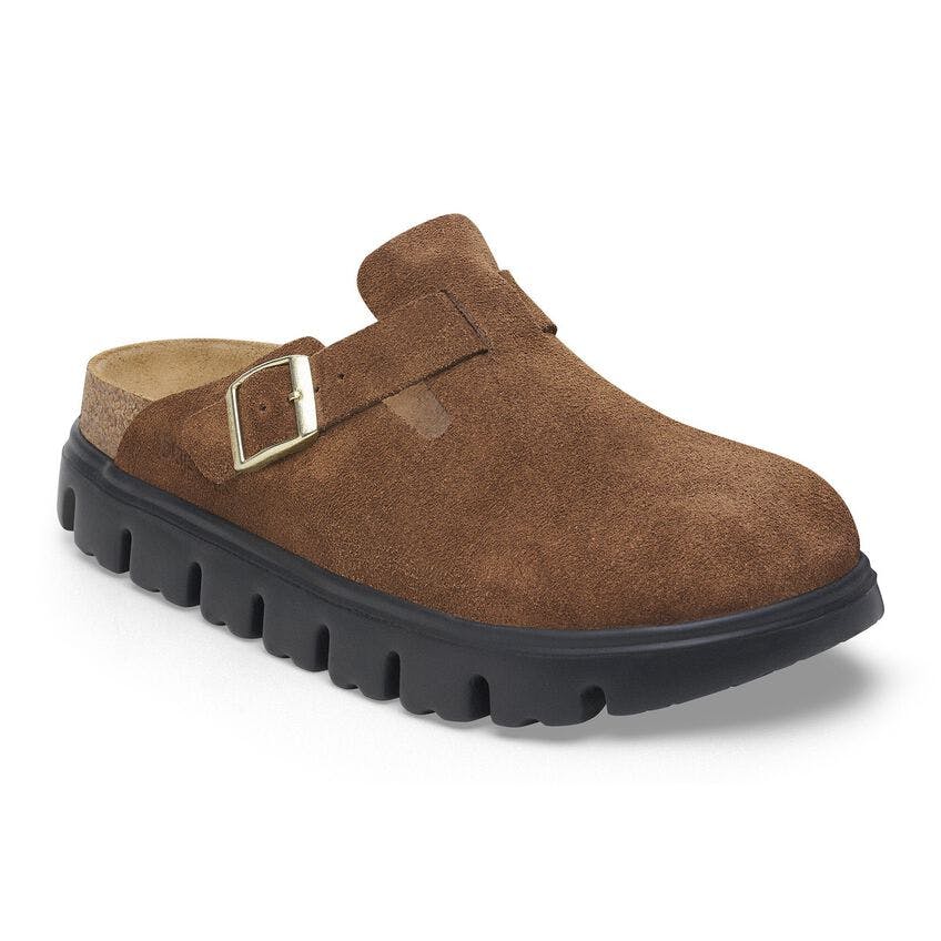 Birkenstock Chunky Clog in brown and beige suede with white and black chunky sole