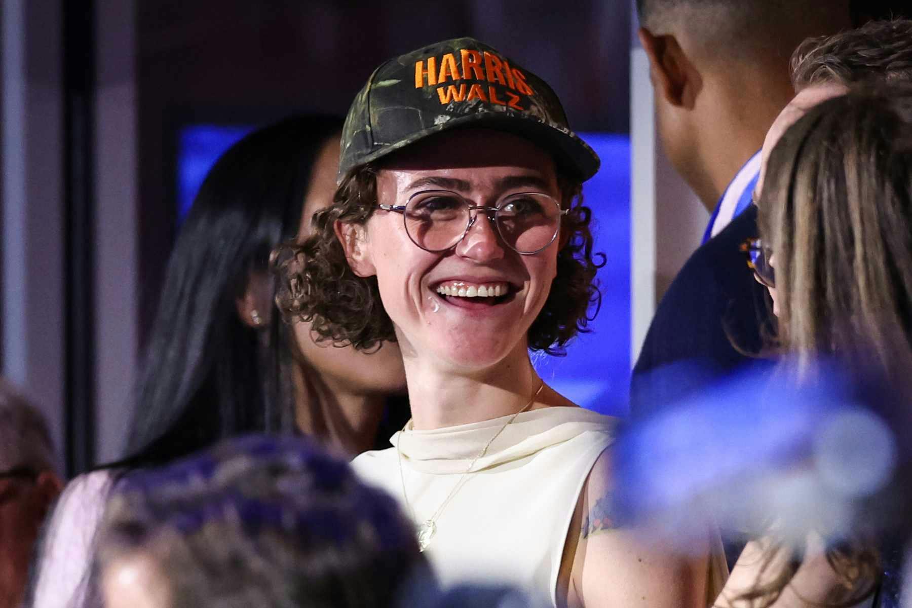 Ella Emhoff wears a Kamala Harris hat and beige Helmut Lang outfit at the 2024 DNC