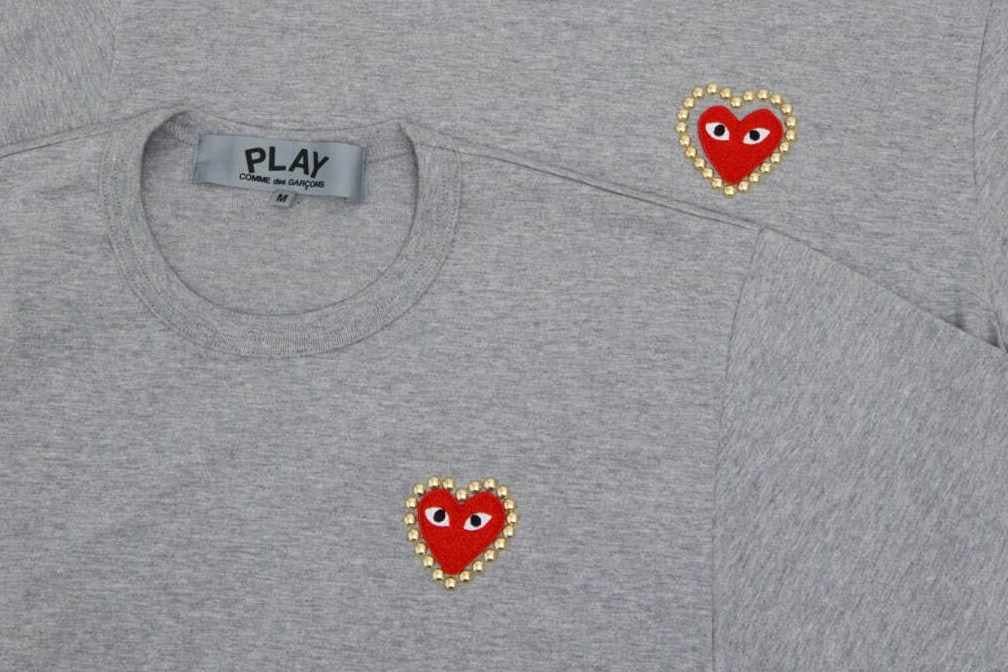 CDG Play grey and white tshirts with red heart logo and gold studs