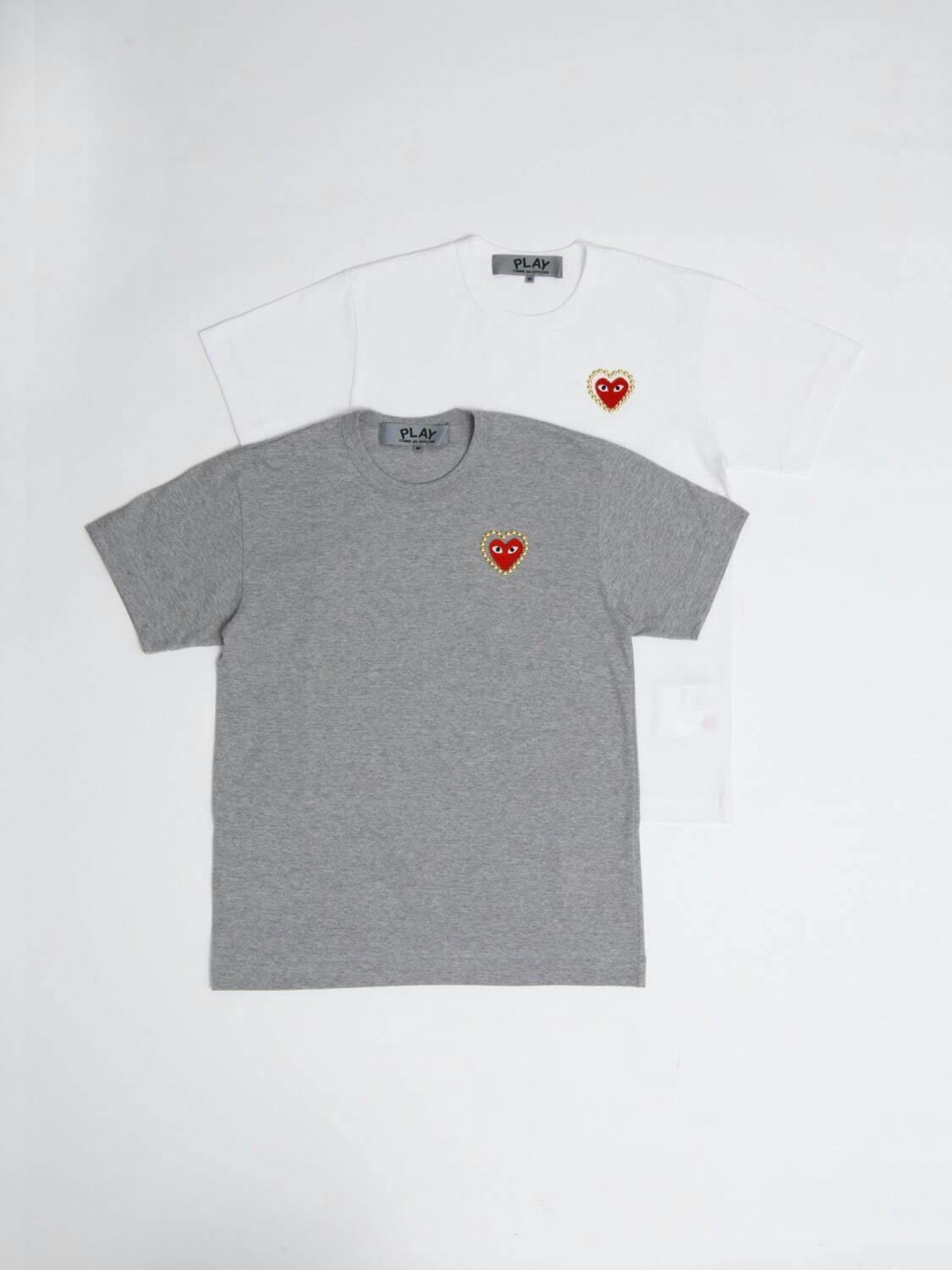 CDG Play grey and white tshirts with red heart logo and gold studs