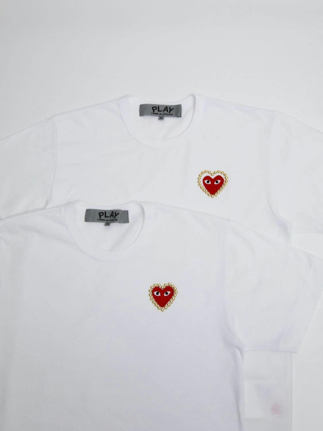 CDG Play grey and white tshirts with red heart logo and gold studs